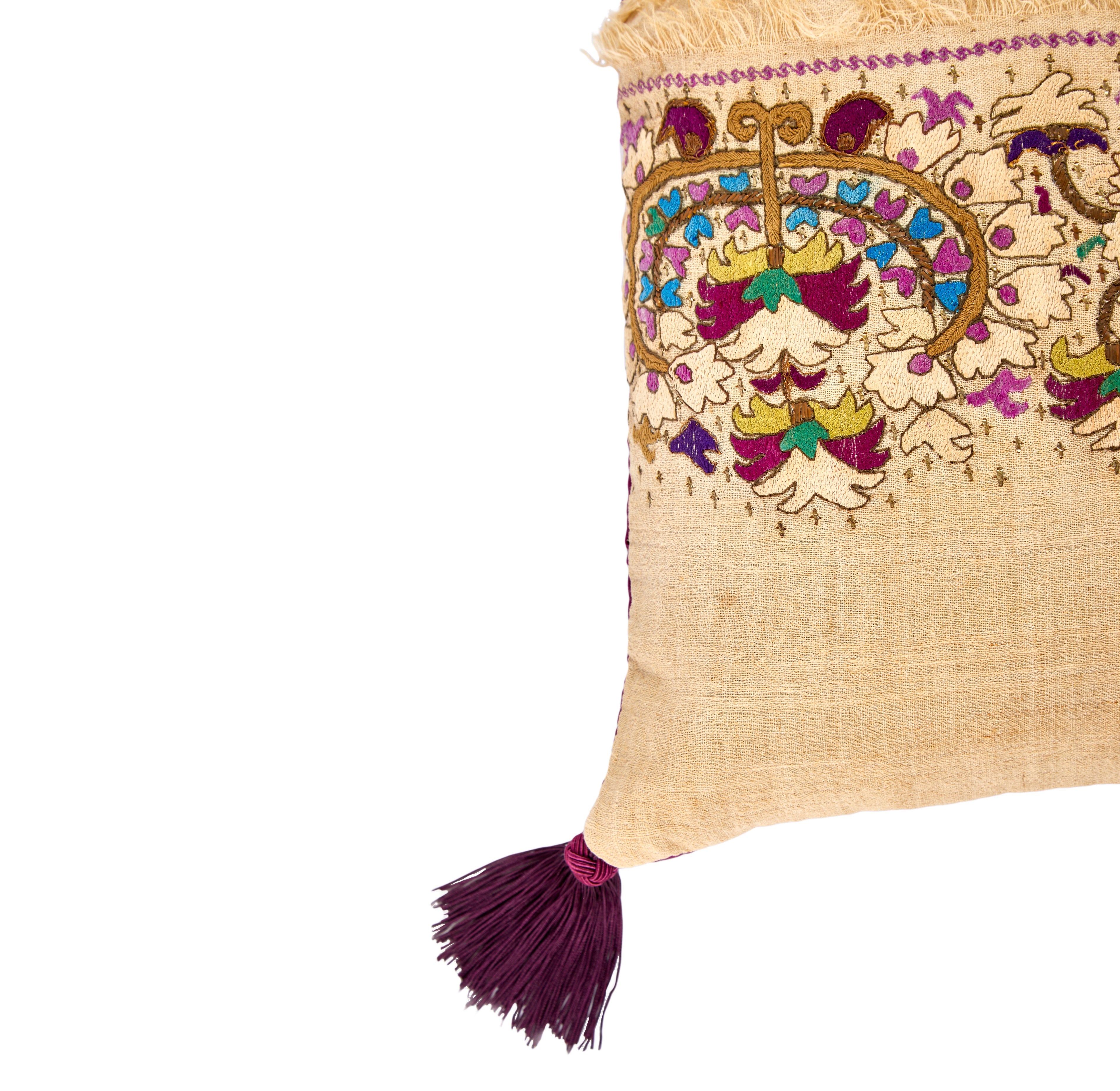 An Ottoman Embroidered Silk Thread Cushion with Silk Tassels