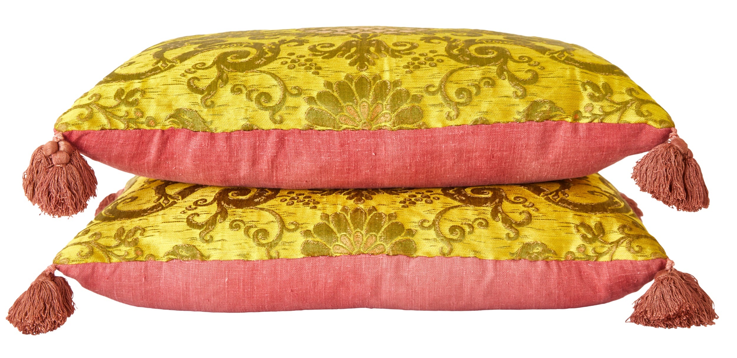 A Pair of Yellow Early 19th Century Italian Silk Brocade Cushions with Antique Rose Silk Tassels