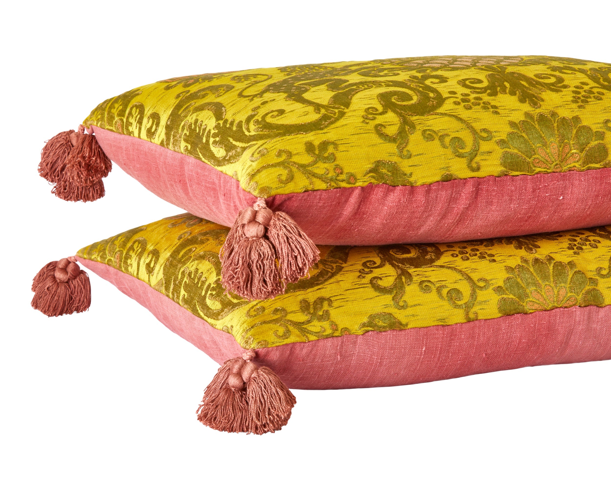 A Pair of Yellow Early 19th Century Italian Silk Brocade Cushions with Antique Rose Silk Tassels