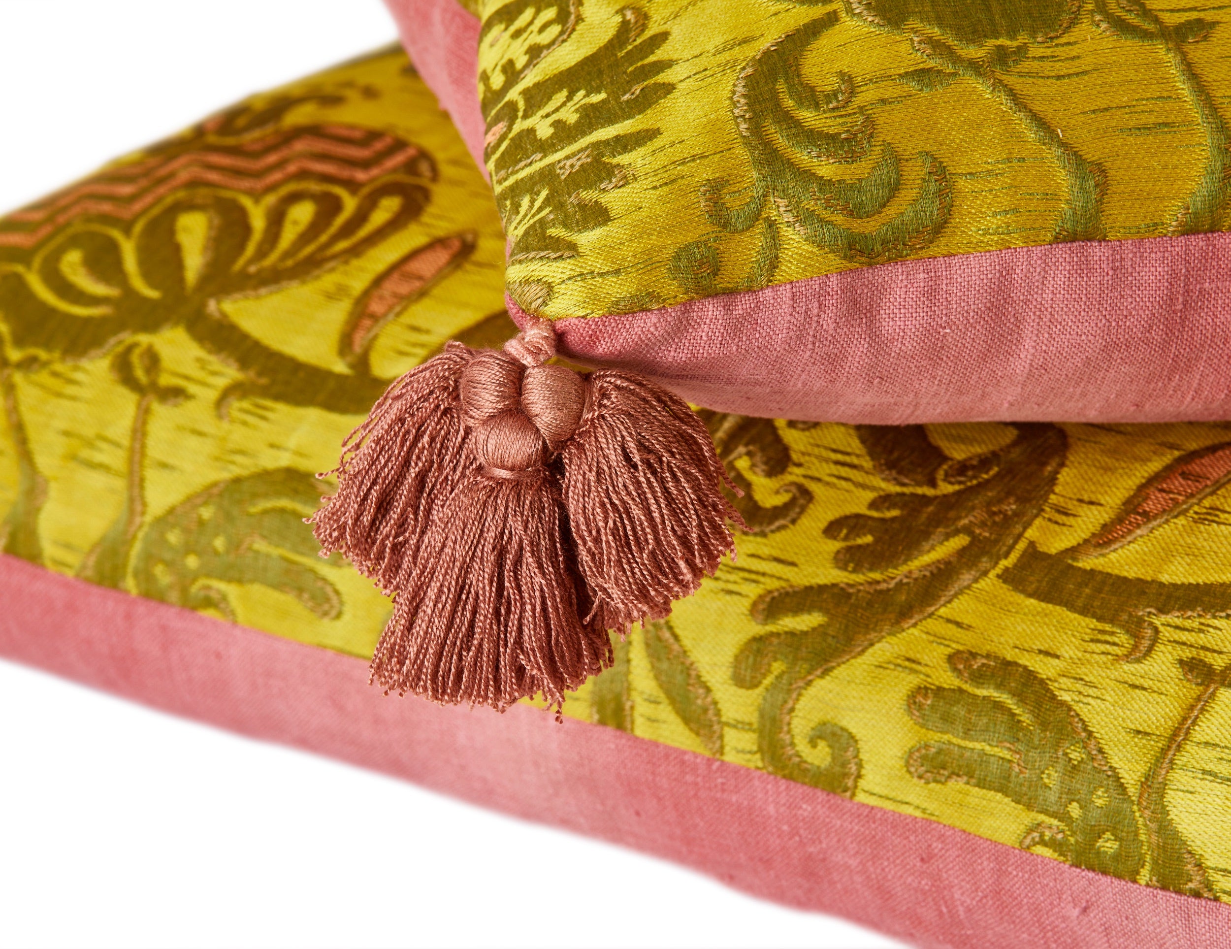 A Pair of Yellow Early 19th Century Italian Silk Brocade Cushions with Antique Rose Silk Tassels