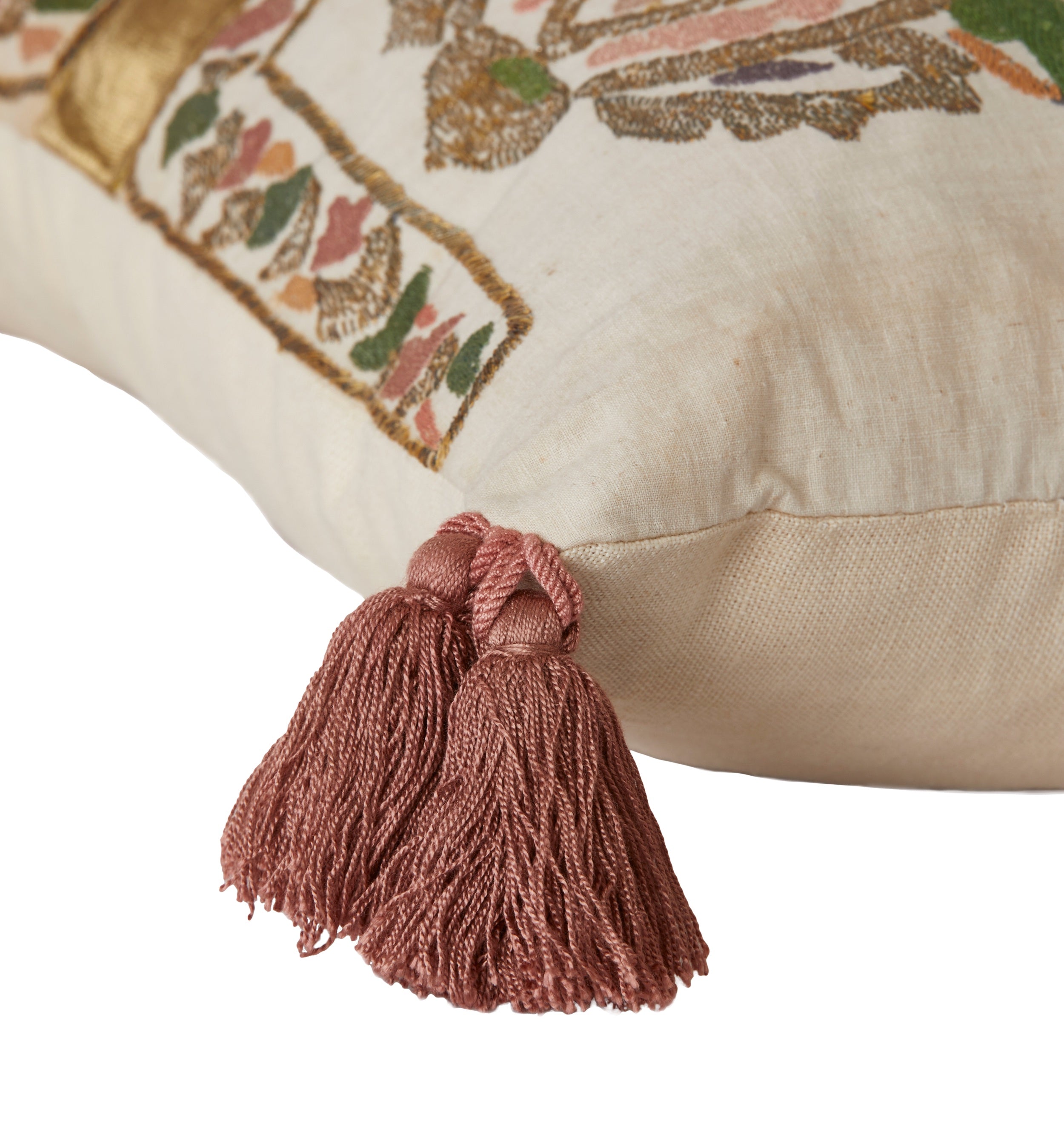 An Embroidered Ottoman Silk and Metallic Thread Cushion with Tassel Trims