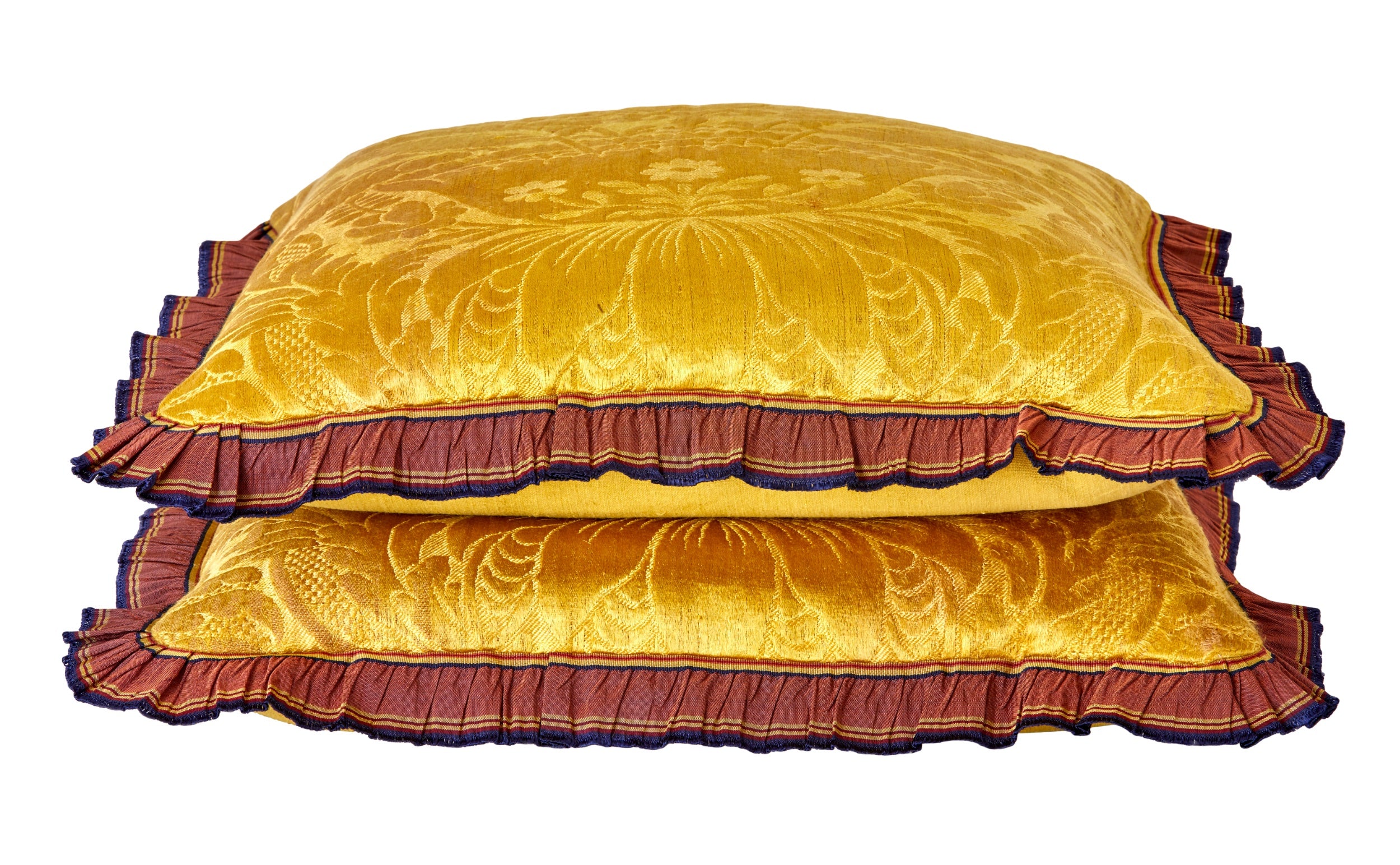 A Pair of Cushions made from 18th Century Gold Italian Silk Damask with an Antique French Grosgrain Ruffle Trim