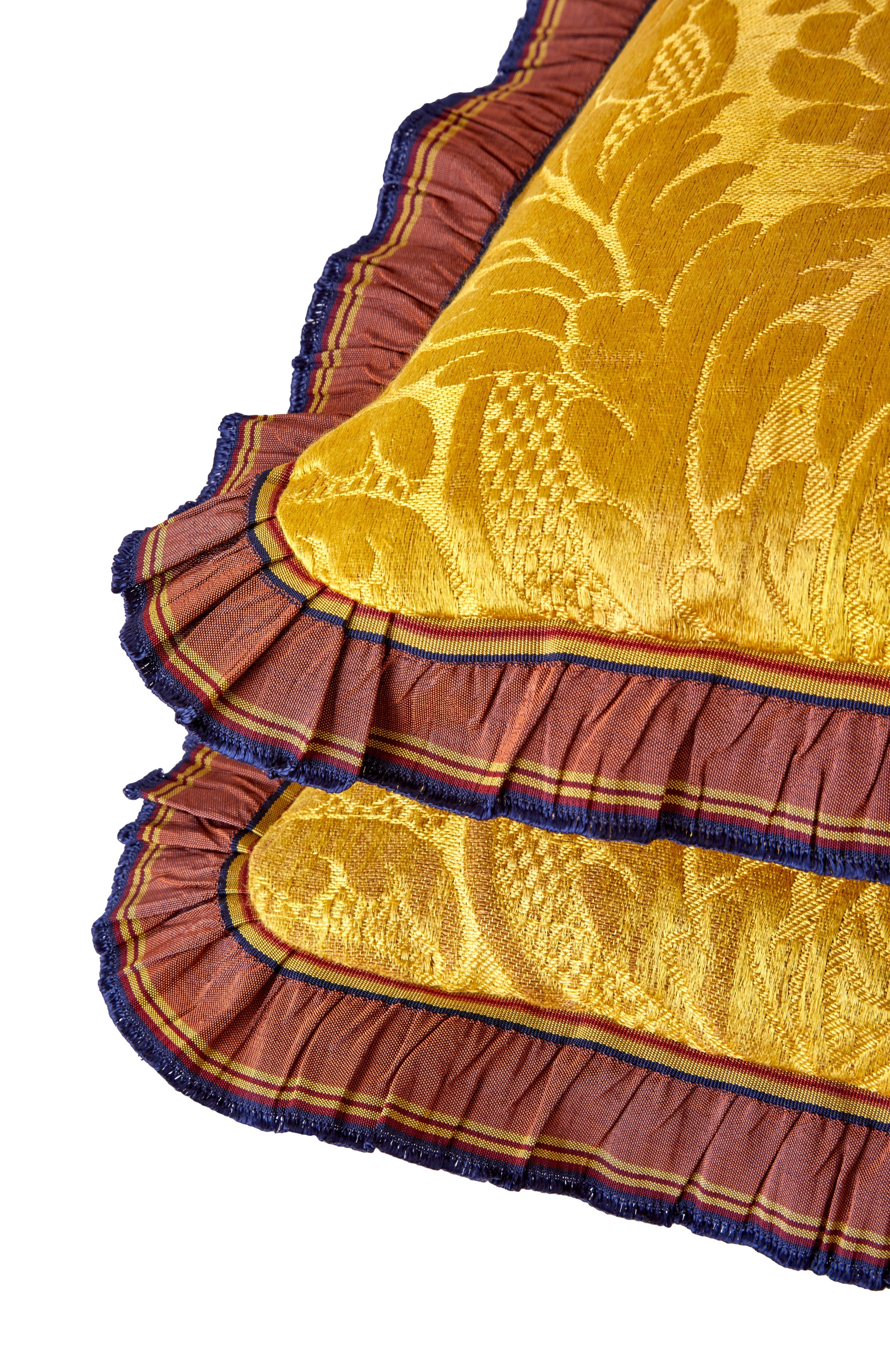 A Pair of Cushions made from 18th Century Gold Italian Silk Damask with an Antique French Grosgrain Ruffle Trim