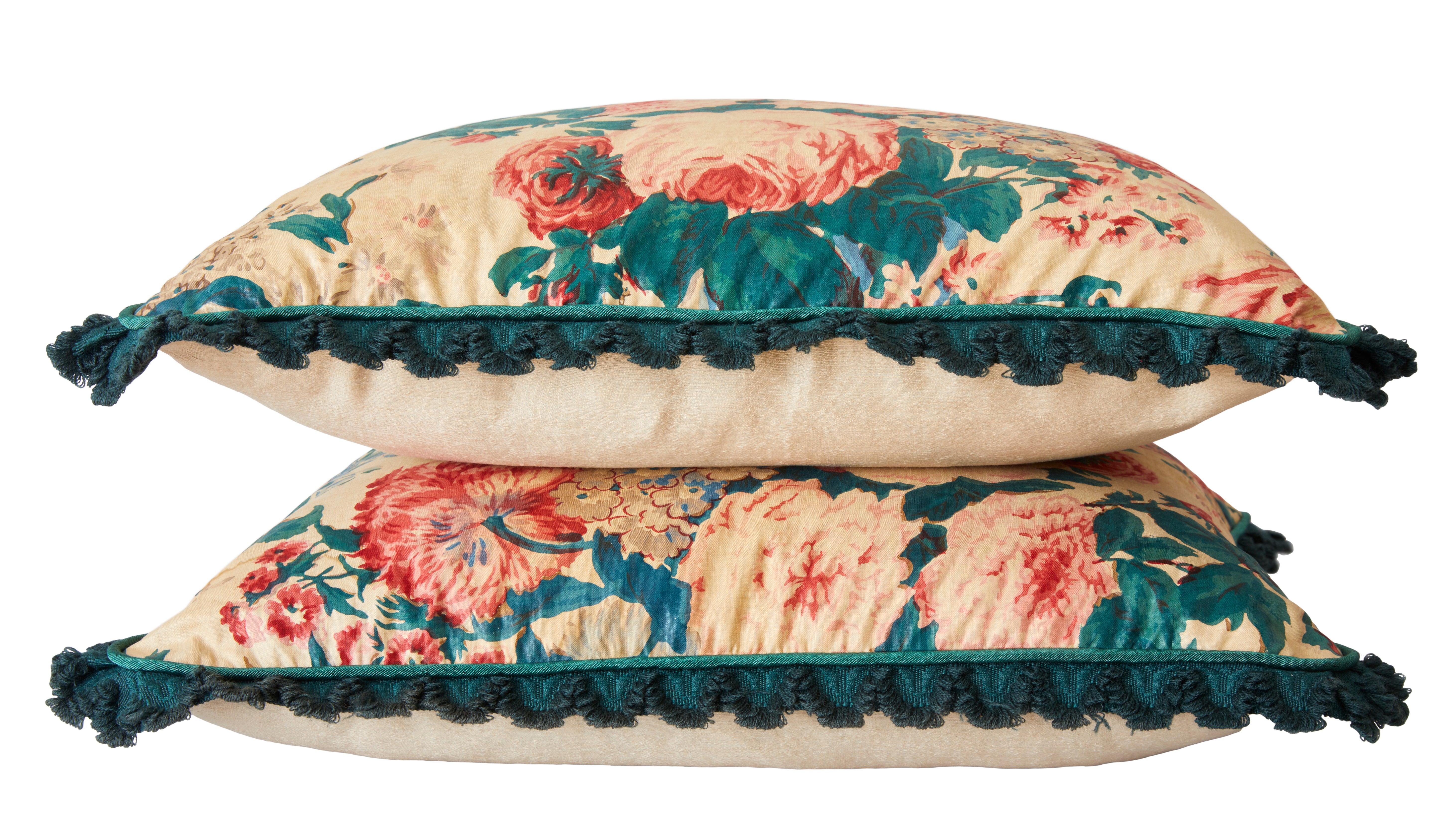 A Pair of Cushions made from 1920's English Glazed Floral Chintz with Moiré Piping and Scallop Fringe