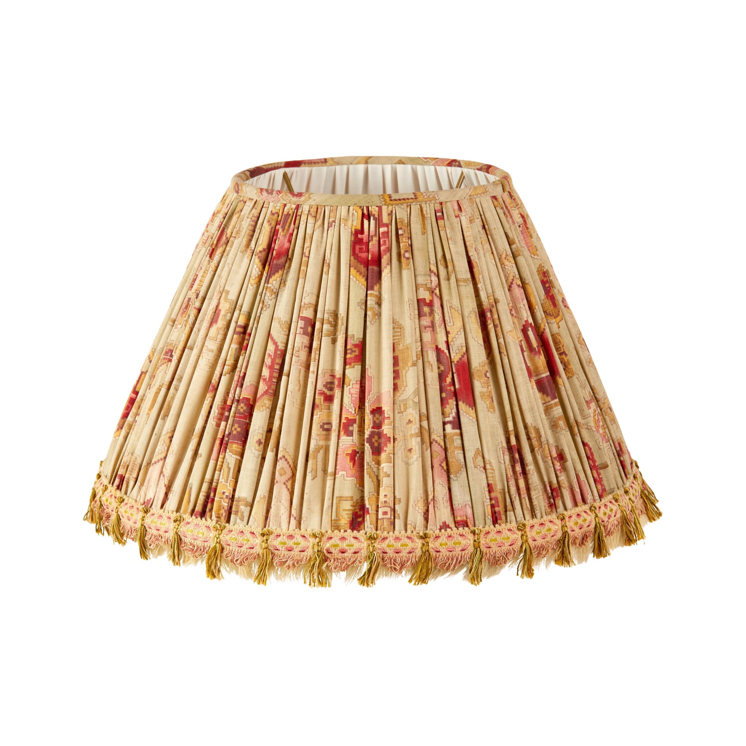 A Gathered Lampshade made from an Antique Screen Printed Cotton Voile with Woven Silk Frill