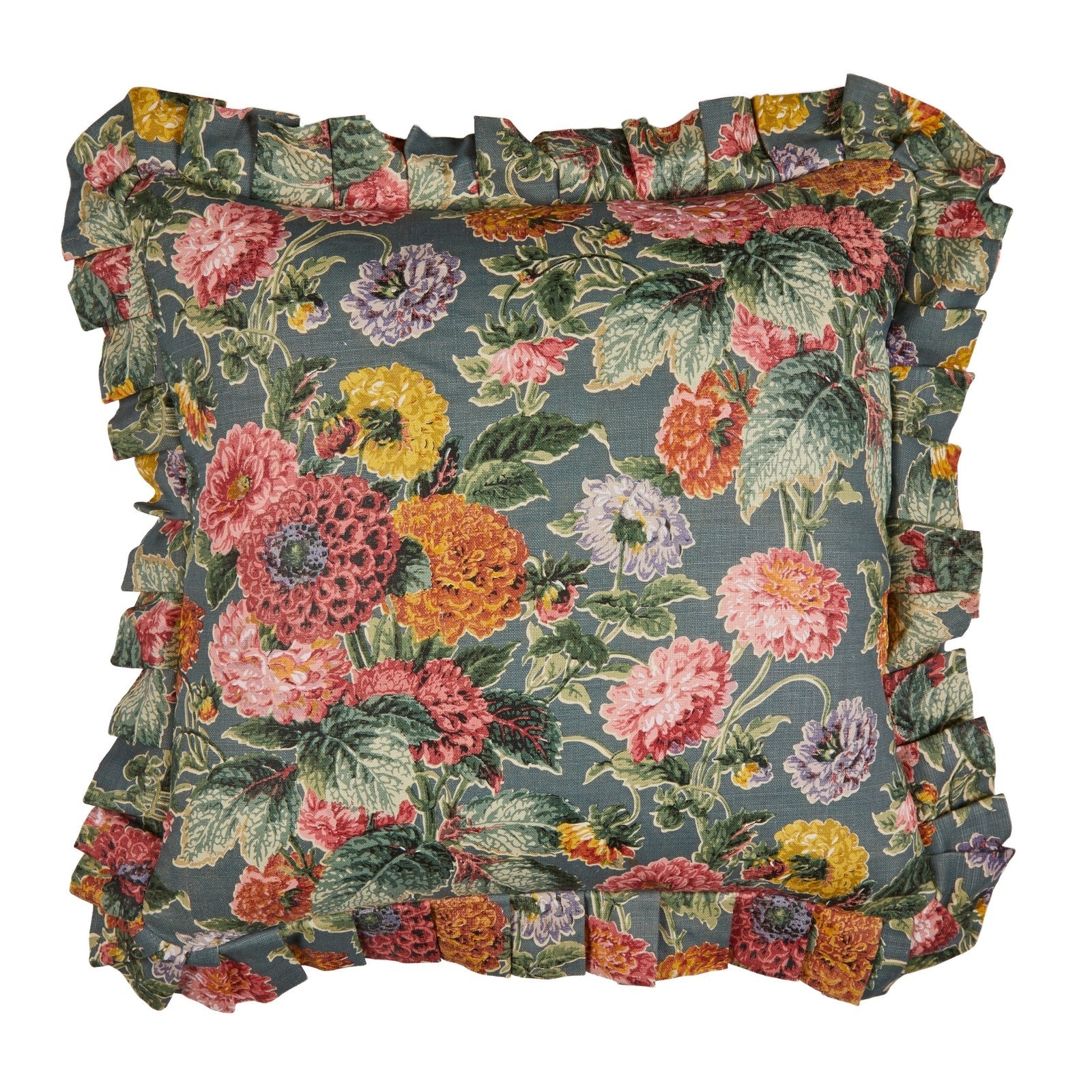 A Dahlias Jura Blue Cushion with a Pleated Frill