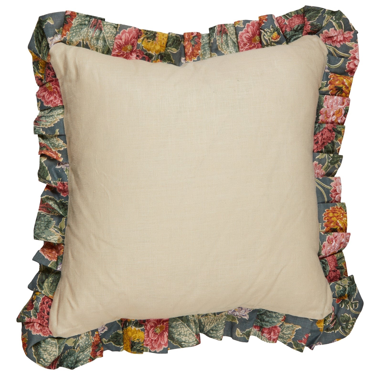 A Dahlias Jura Blue Cushion with a Pleated Frill