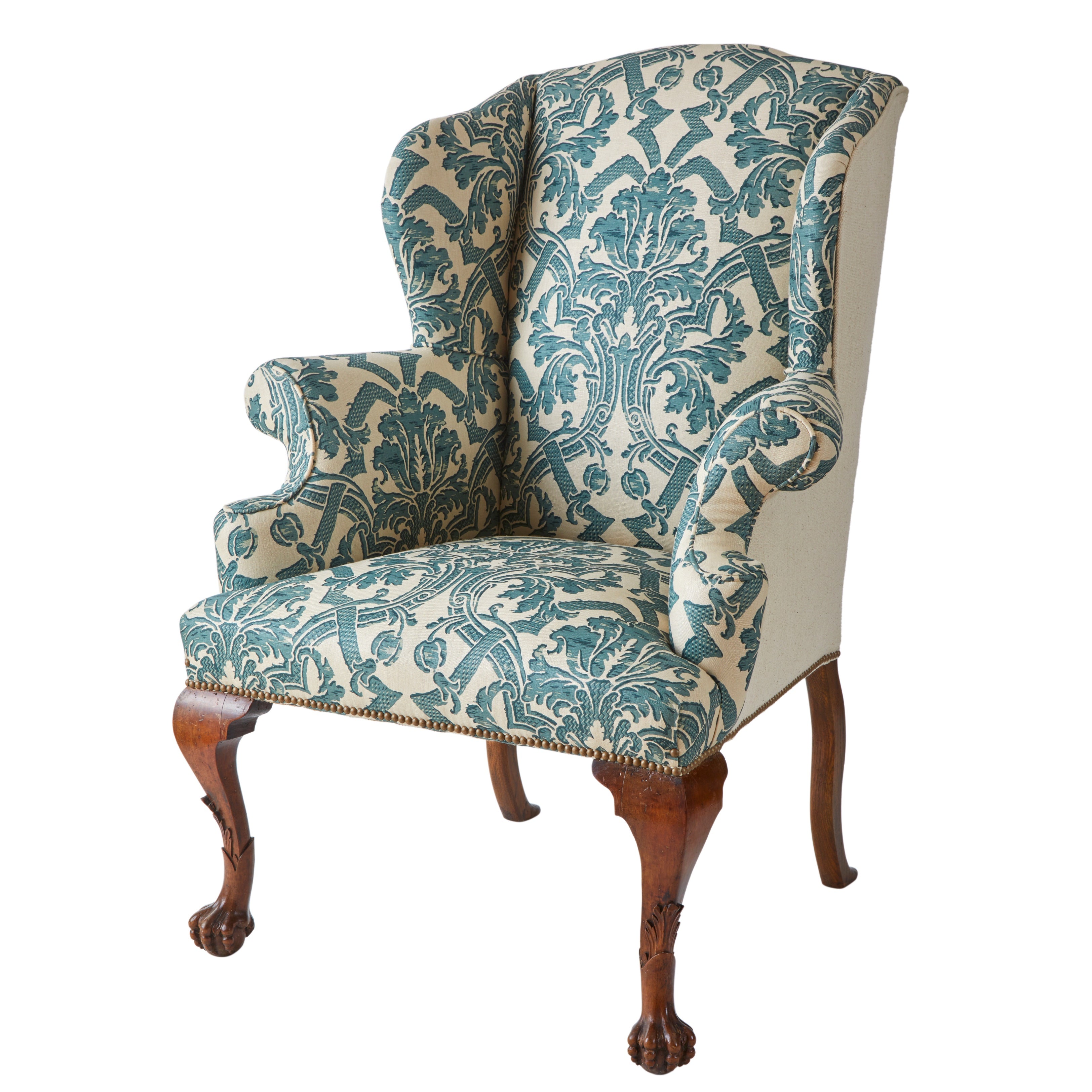 A George II Style Wing Back Chair in Flora Soames Stockton Linen
