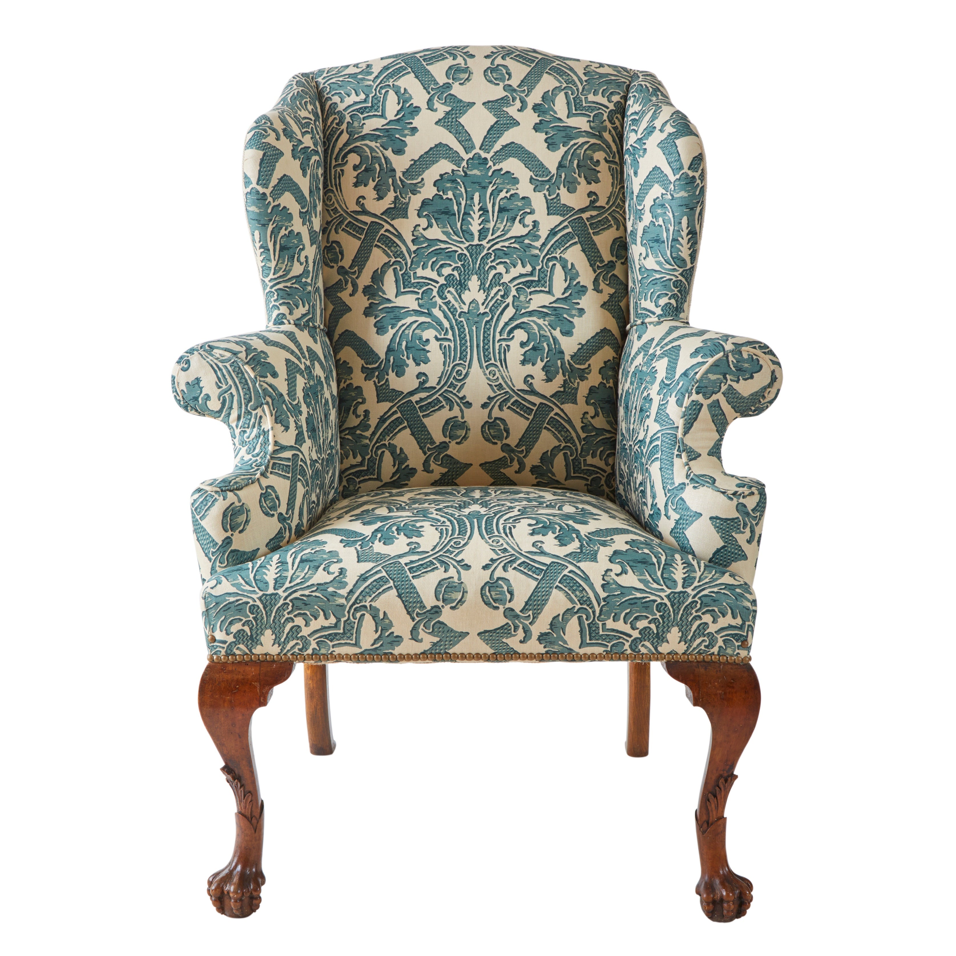 A George II Style Wing Back Chair in Flora Soames Stockton Linen