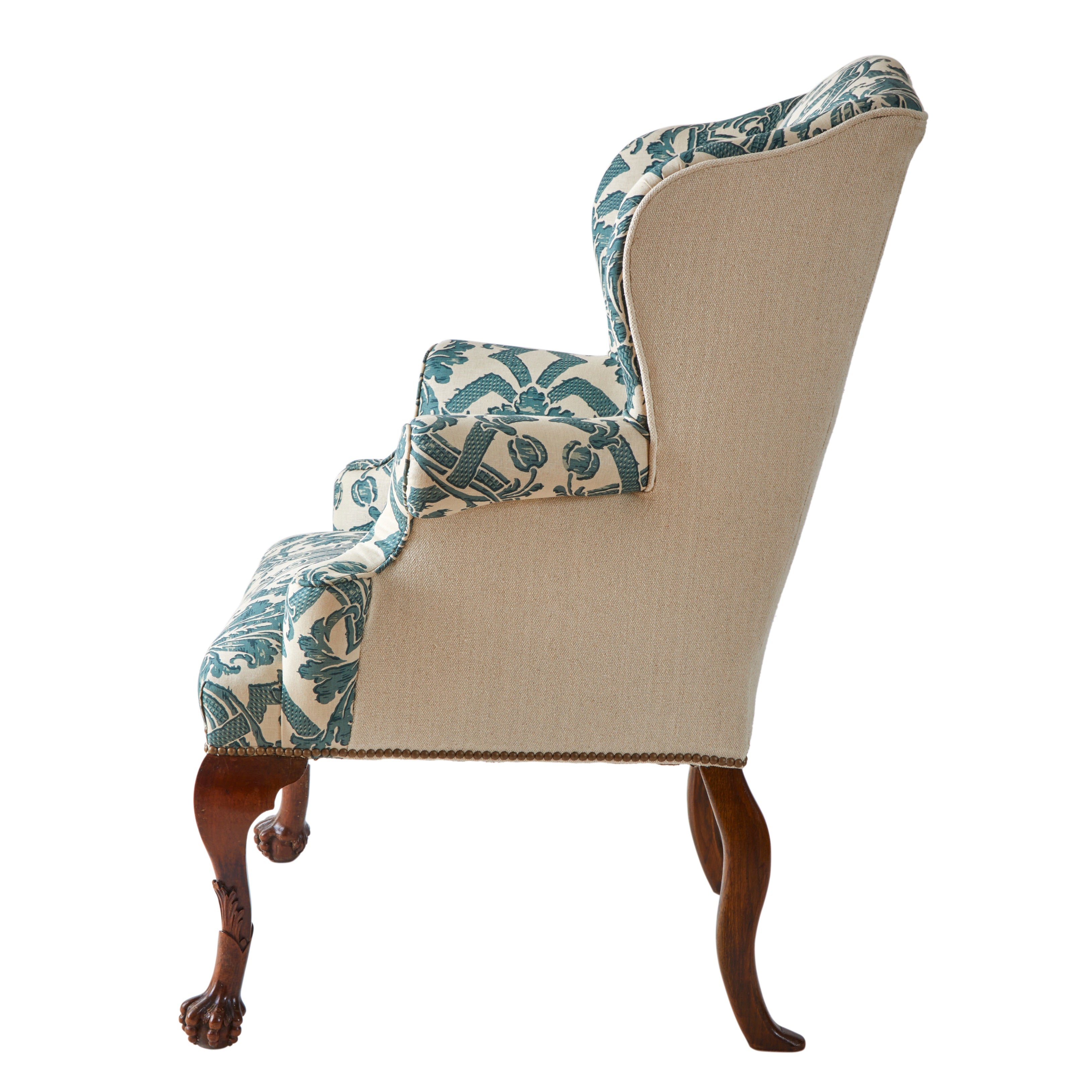 A George II Style Wing Back Chair in Flora Soames Stockton Linen