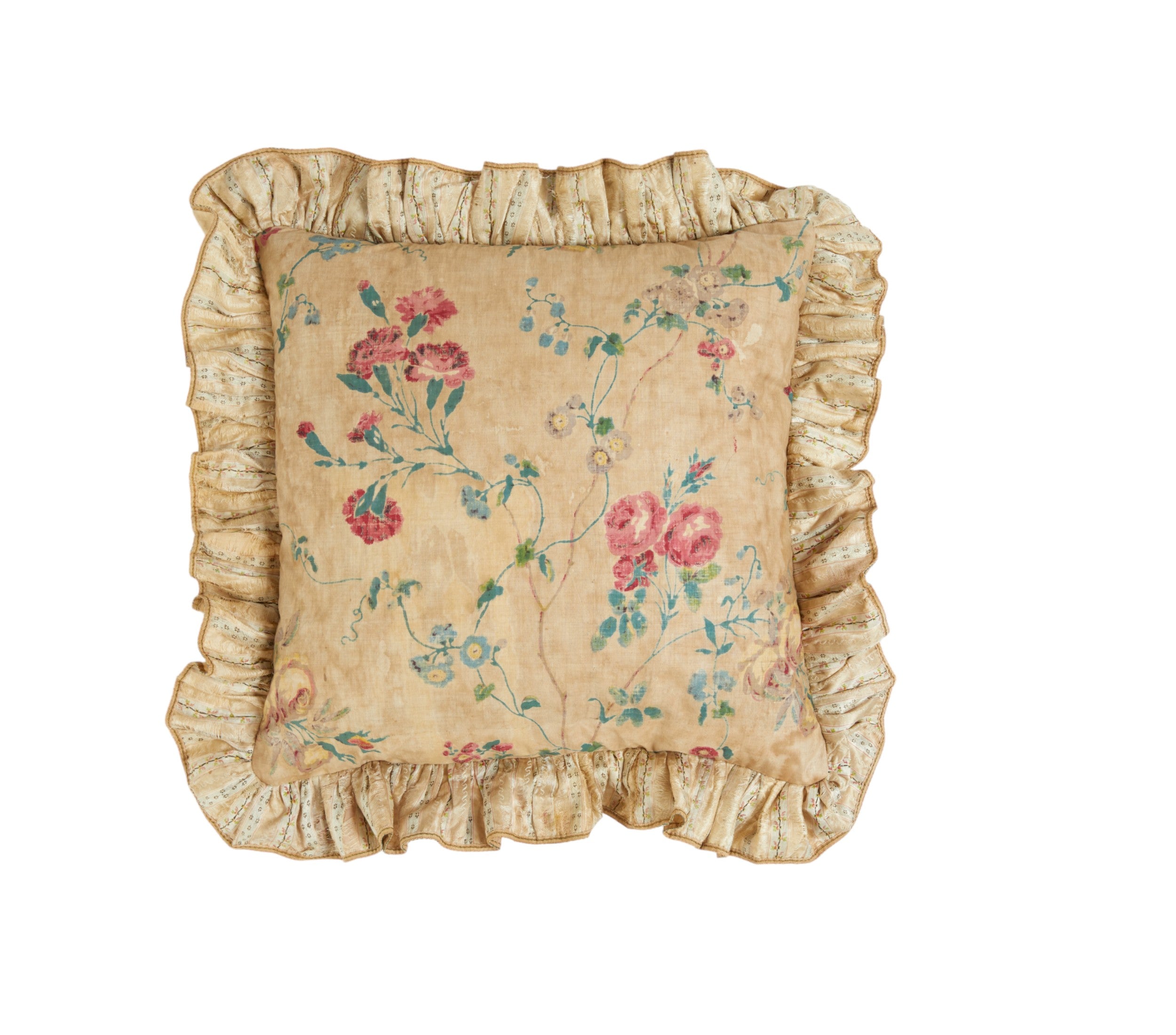 A Pair of Chintz Square Cushions with Antique Brocade Frill