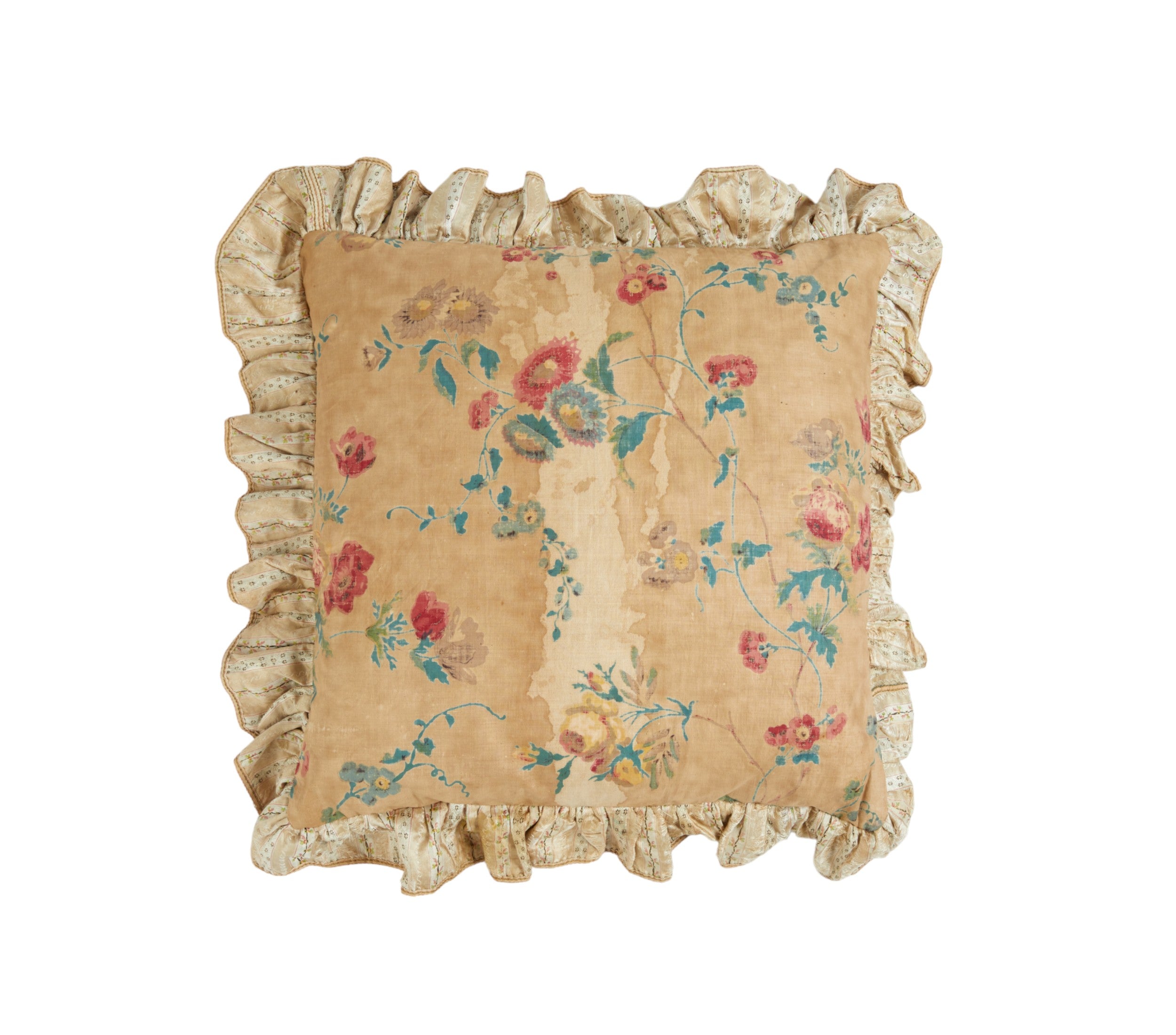 A Pair of Chintz Square Cushions with Antique Brocade Frill