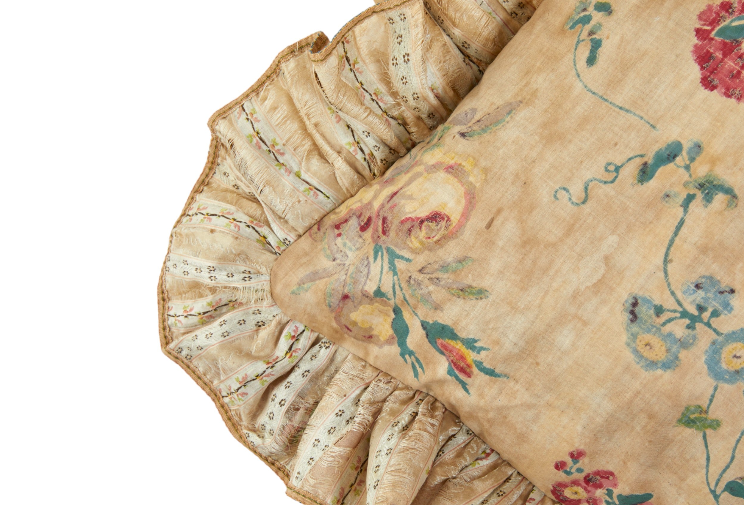 A Pair of Chintz Square Cushions with Antique Brocade Frill