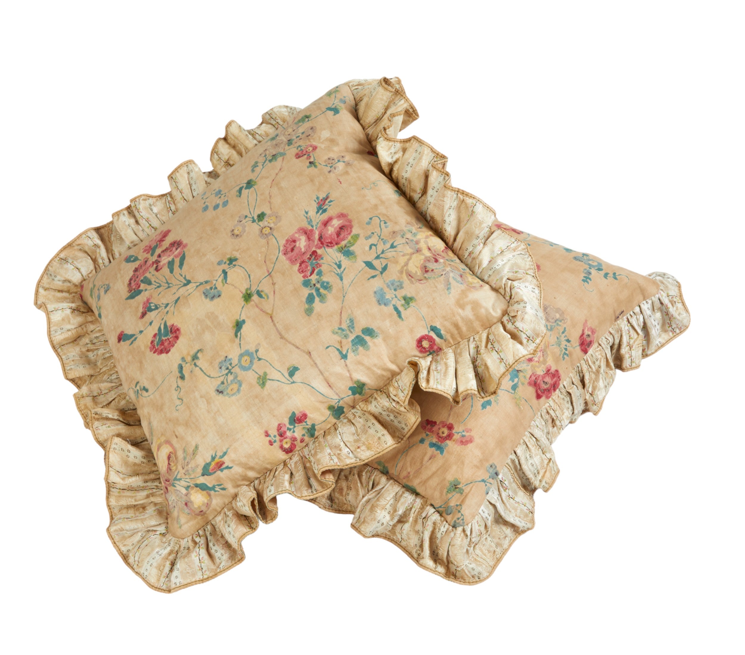 A Pair of Chintz Square Cushions with Antique Brocade Frill