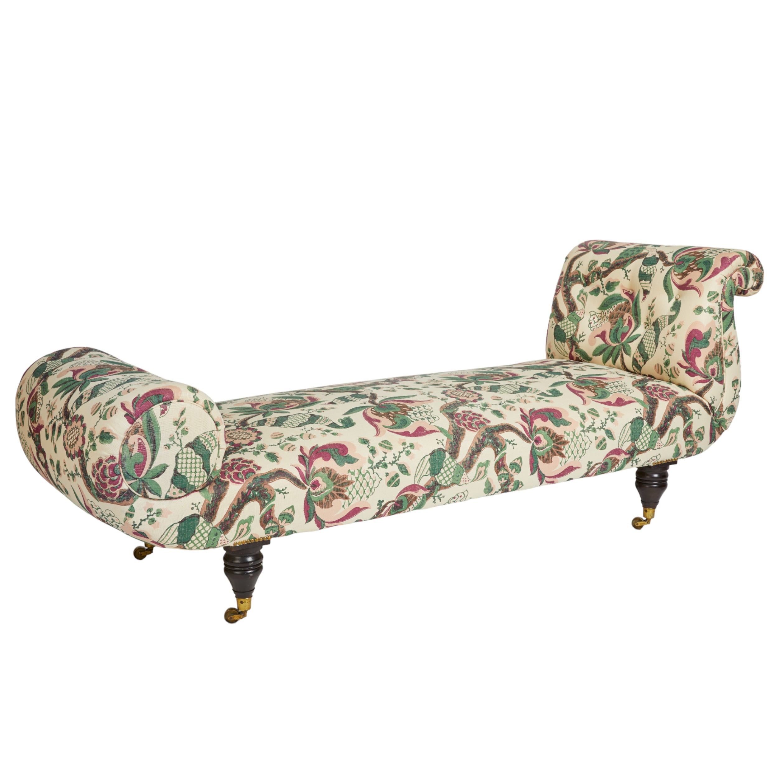 An Early Victorian Chatsworth Chaise Longue in Flora Soames Cornucopia Pair Available