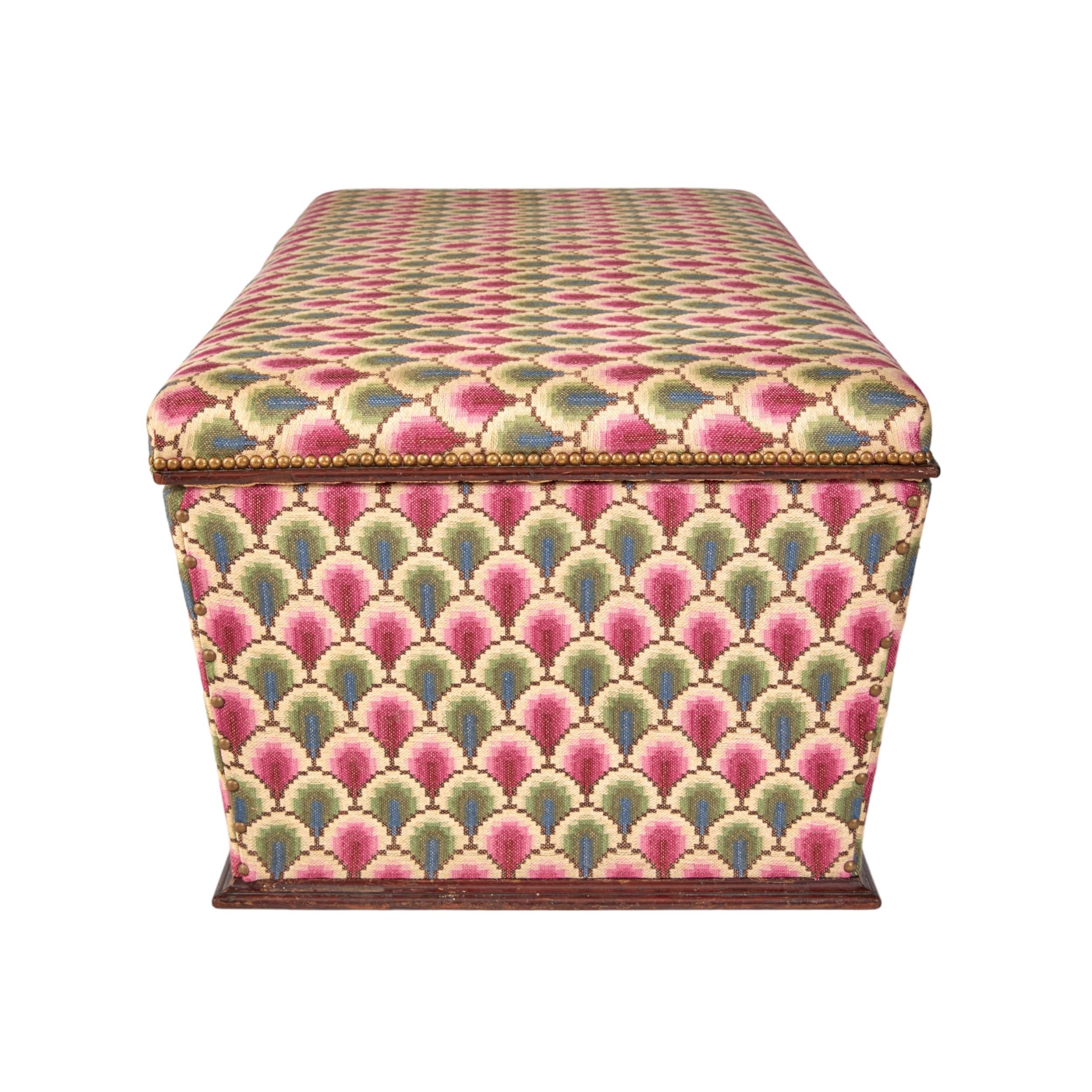 A Late 19th Century Mahogany Ottoman Upholstered in Flora Soames Walsingham Weave with Close Studding