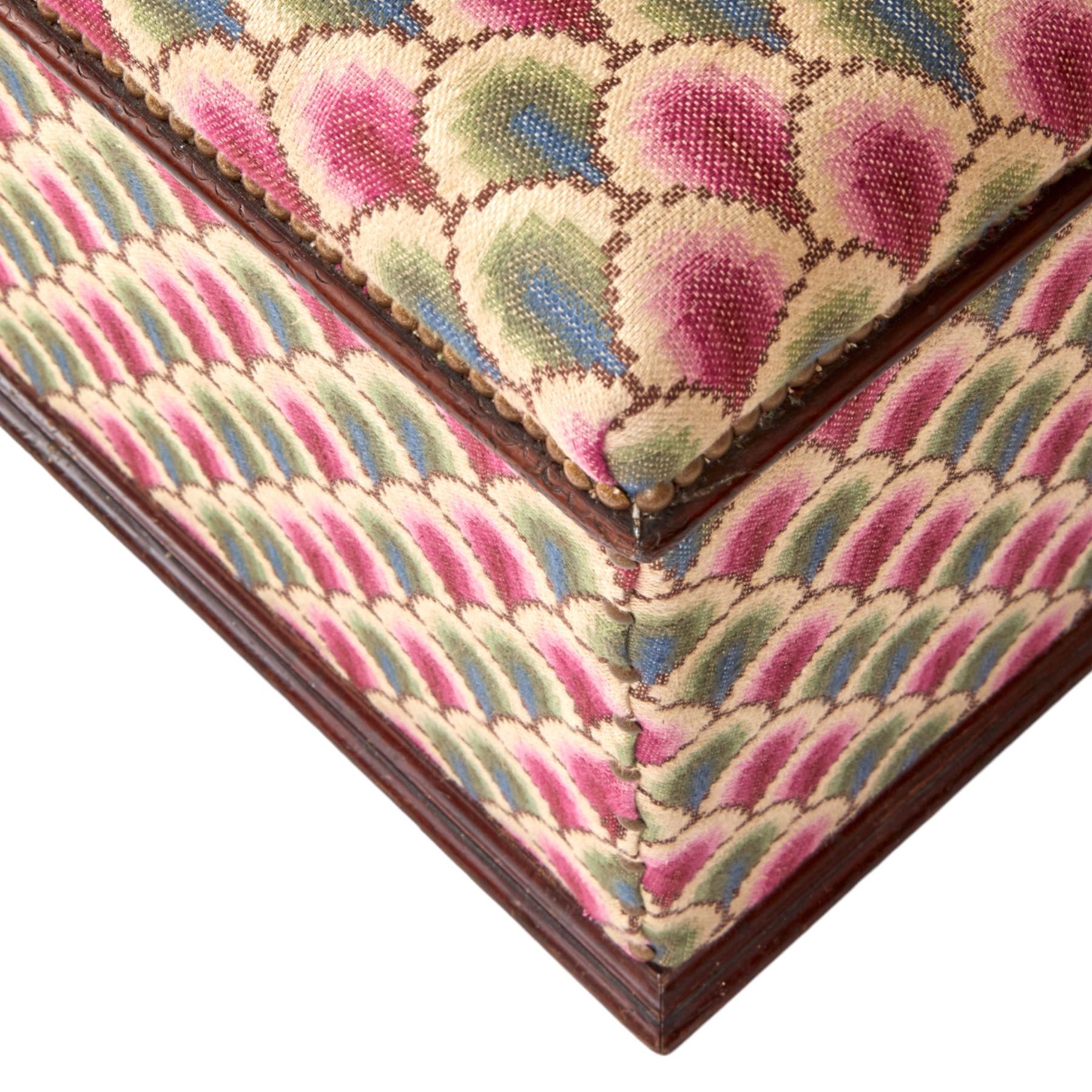 A Late 19th Century Mahogany Ottoman Upholstered in Flora Soames Walsingham Weave with Close Studding