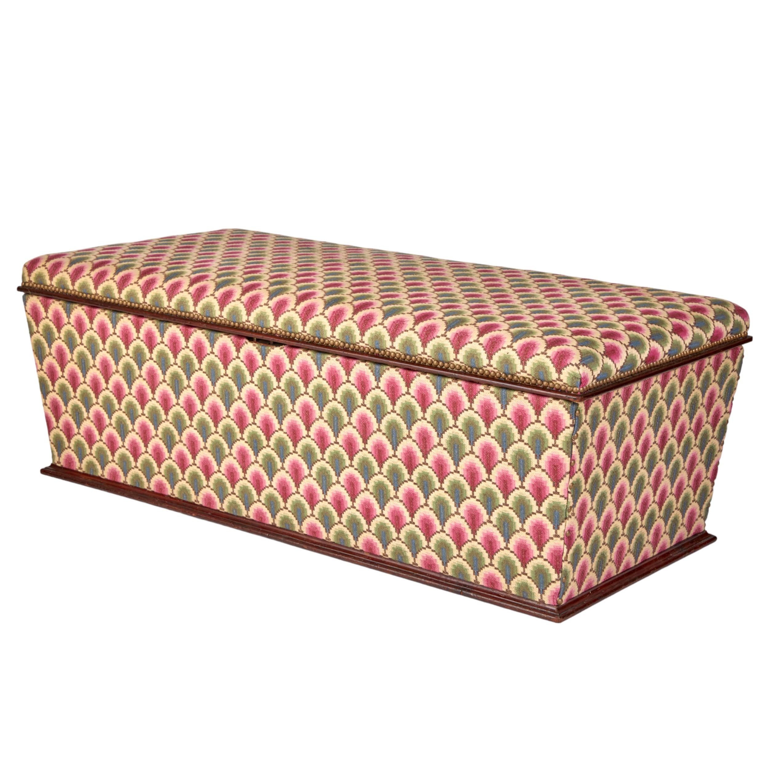 A Late 19th Century Mahogany Ottoman Upholstered in Flora Soames Walsingham Weave with Close Studding