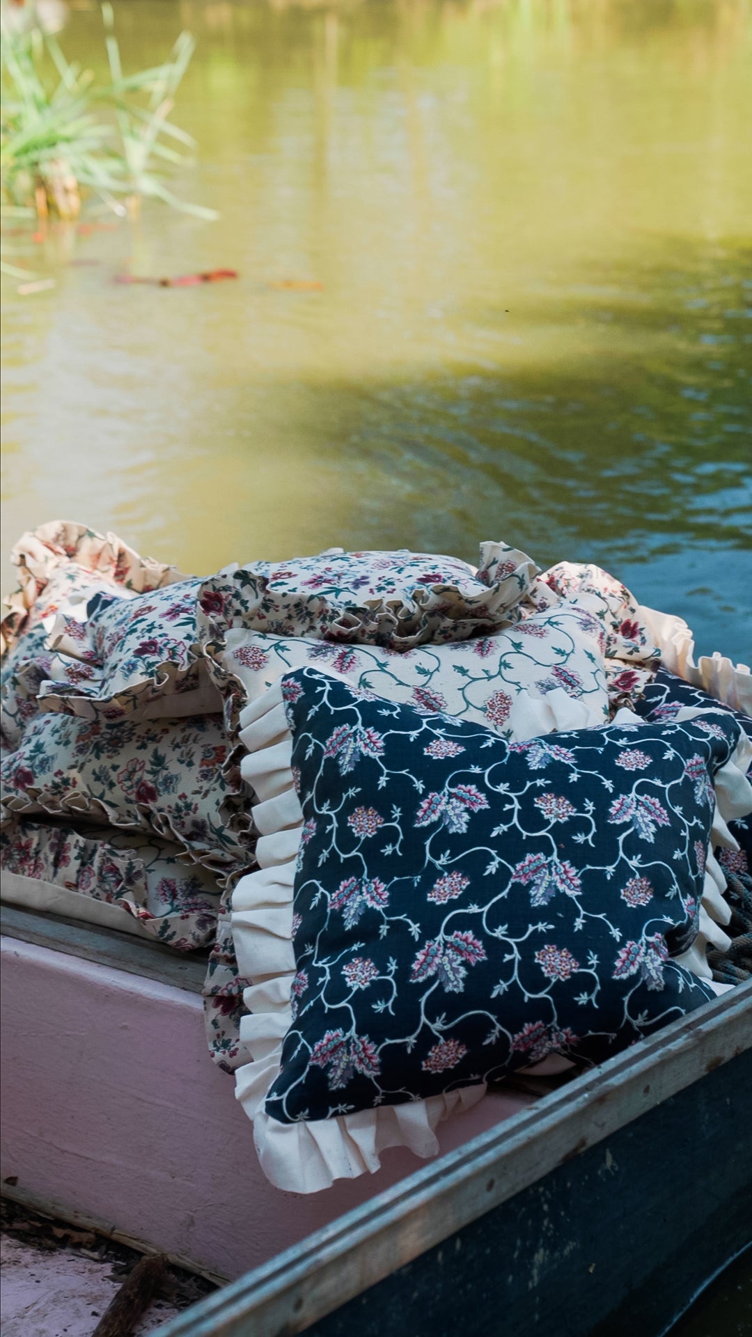 West House Trellis Warm Linen Large Cushion with Frill