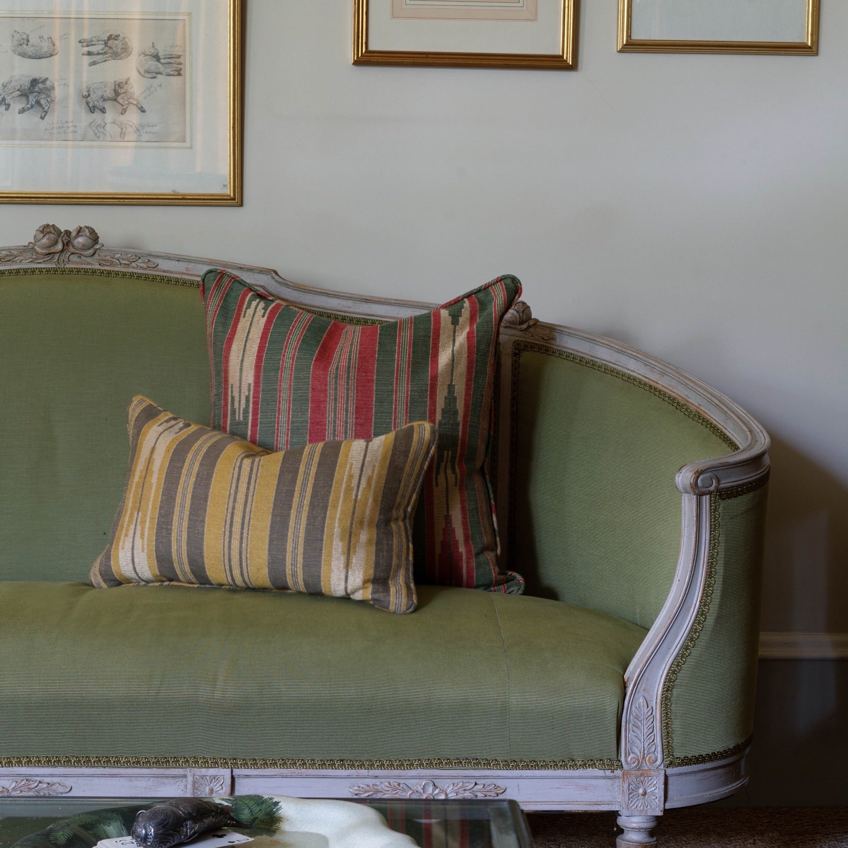 Oulton Stripe Rhubarb Cushion with a Self Piping