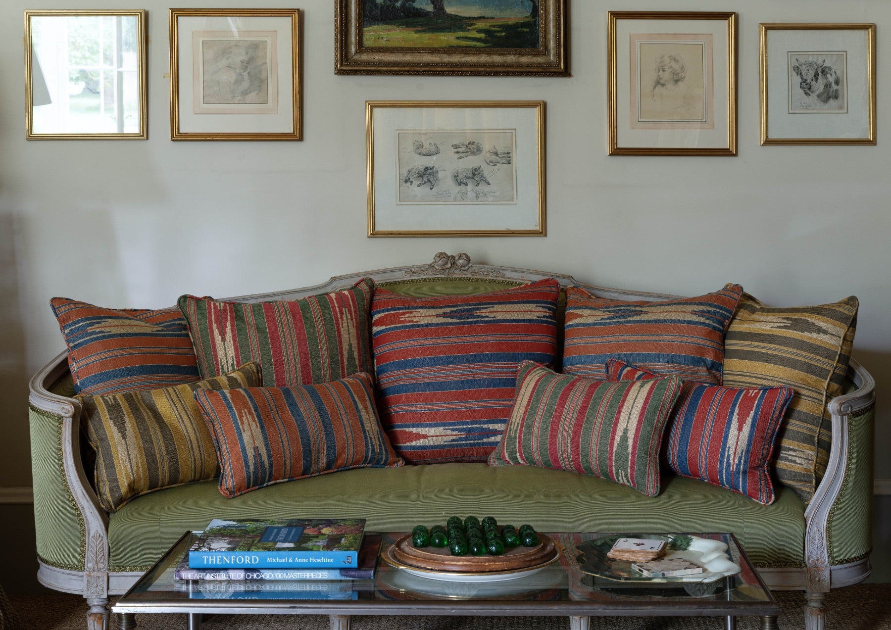 Oulton Stripe Rhubarb Cushion with a Self Piping