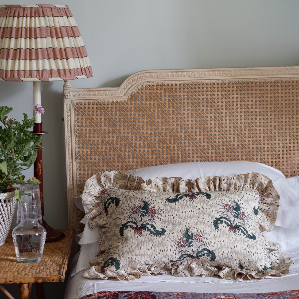 Daphne Slate Blue and Ruby Cushion with a Daphne's Feathers Slate Blue Gathered Frill