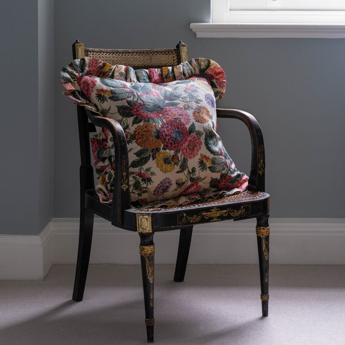 Dahlias Parchment Cushion with a Pleated Frill