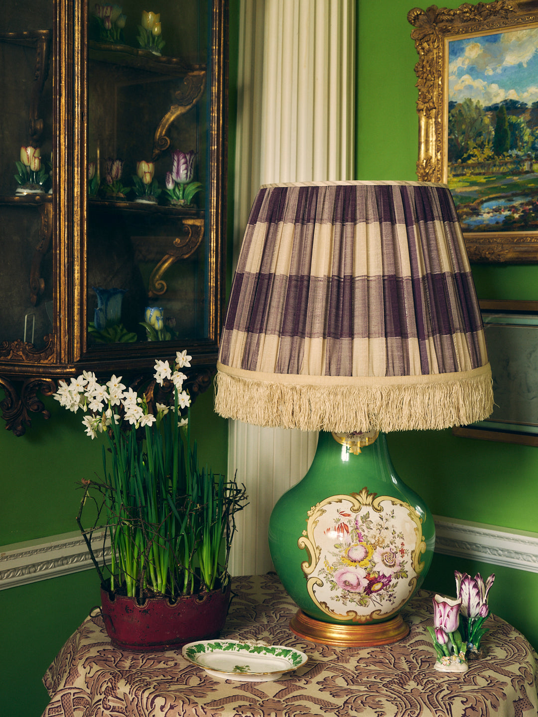 A pair of large gathered shades made from a fine, oversized, aubergine checked voile with antique ivory silk cut fringe