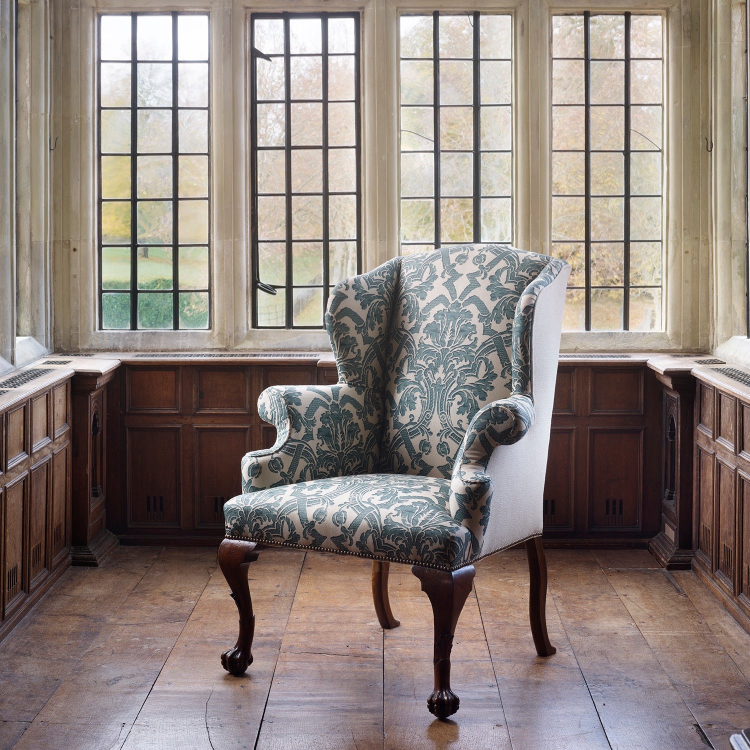 A George II Style Wing Back Chair in Flora Soames Stockton Linen