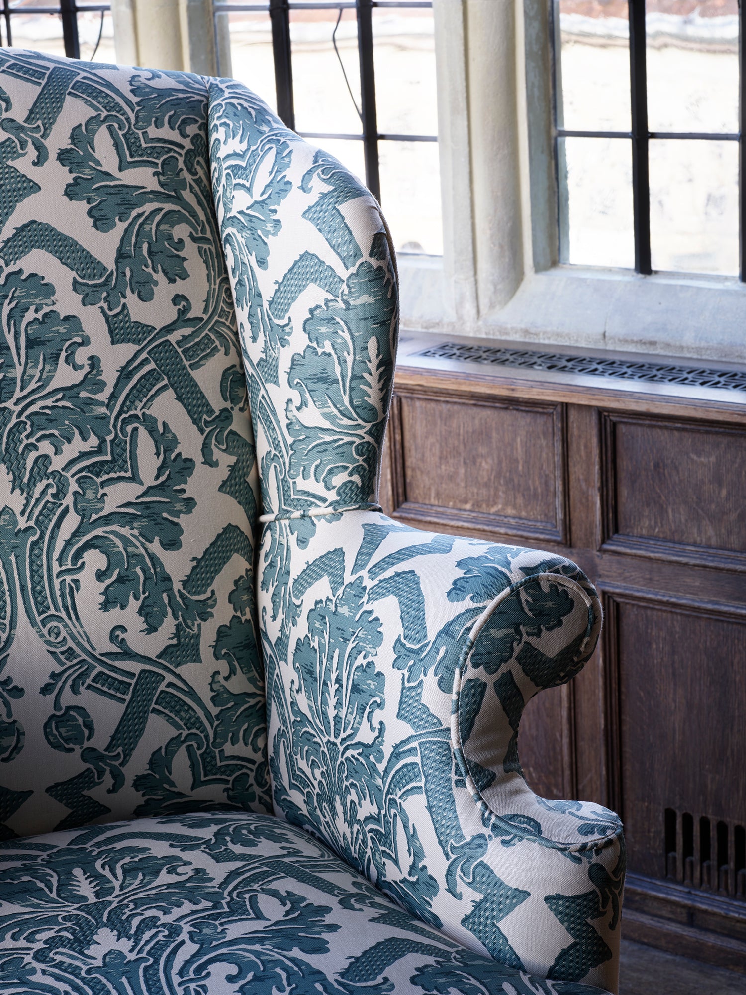 A George II Style Wing Back Chair in Flora Soames Stockton Linen