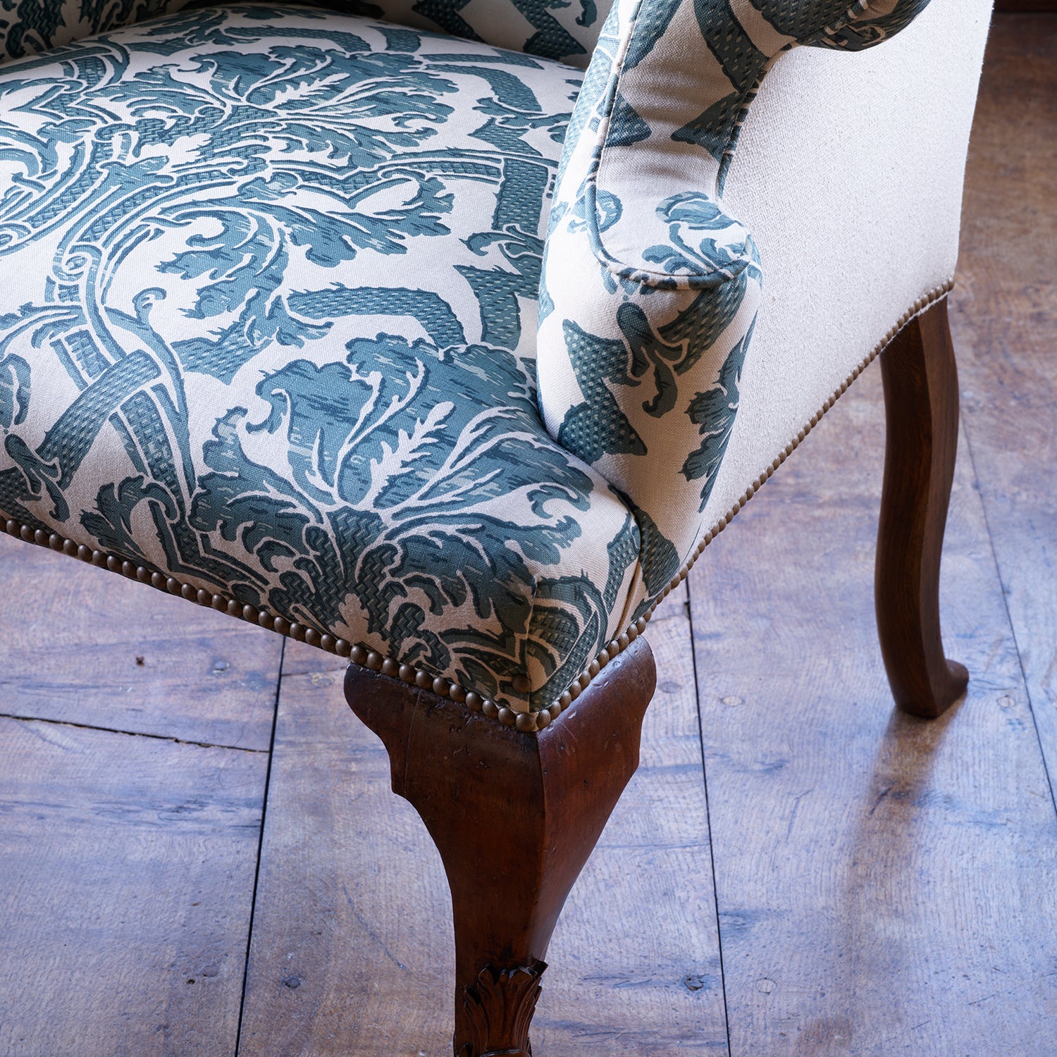 A George II Style Wing Back Chair in Flora Soames Stockton Linen