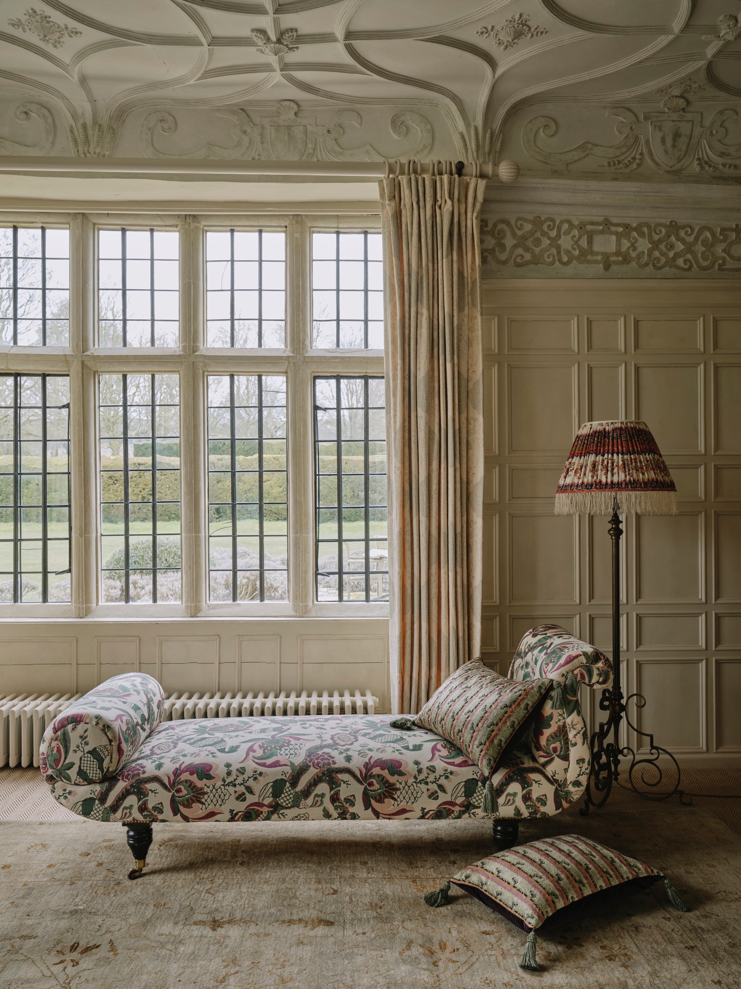 A Pair of Cushions made from a Panel of Silk and Cotton Brocade with Large Italian Silk Tassels