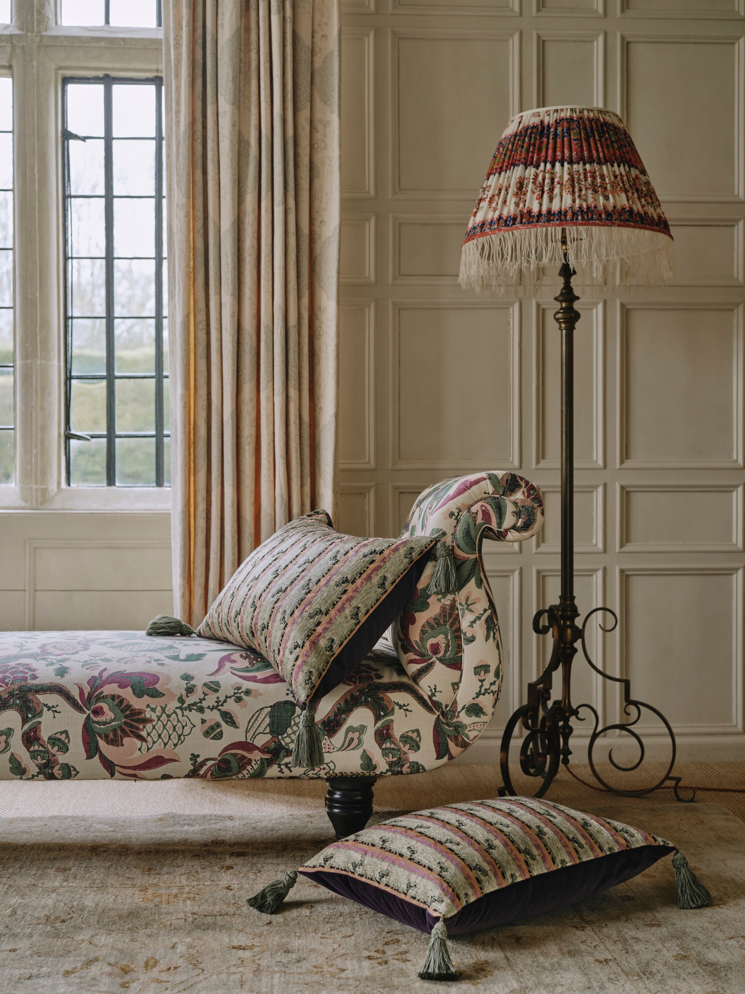 A Large Gathered Lampshade made from a Mid 19th Century Fine Wool Shawl