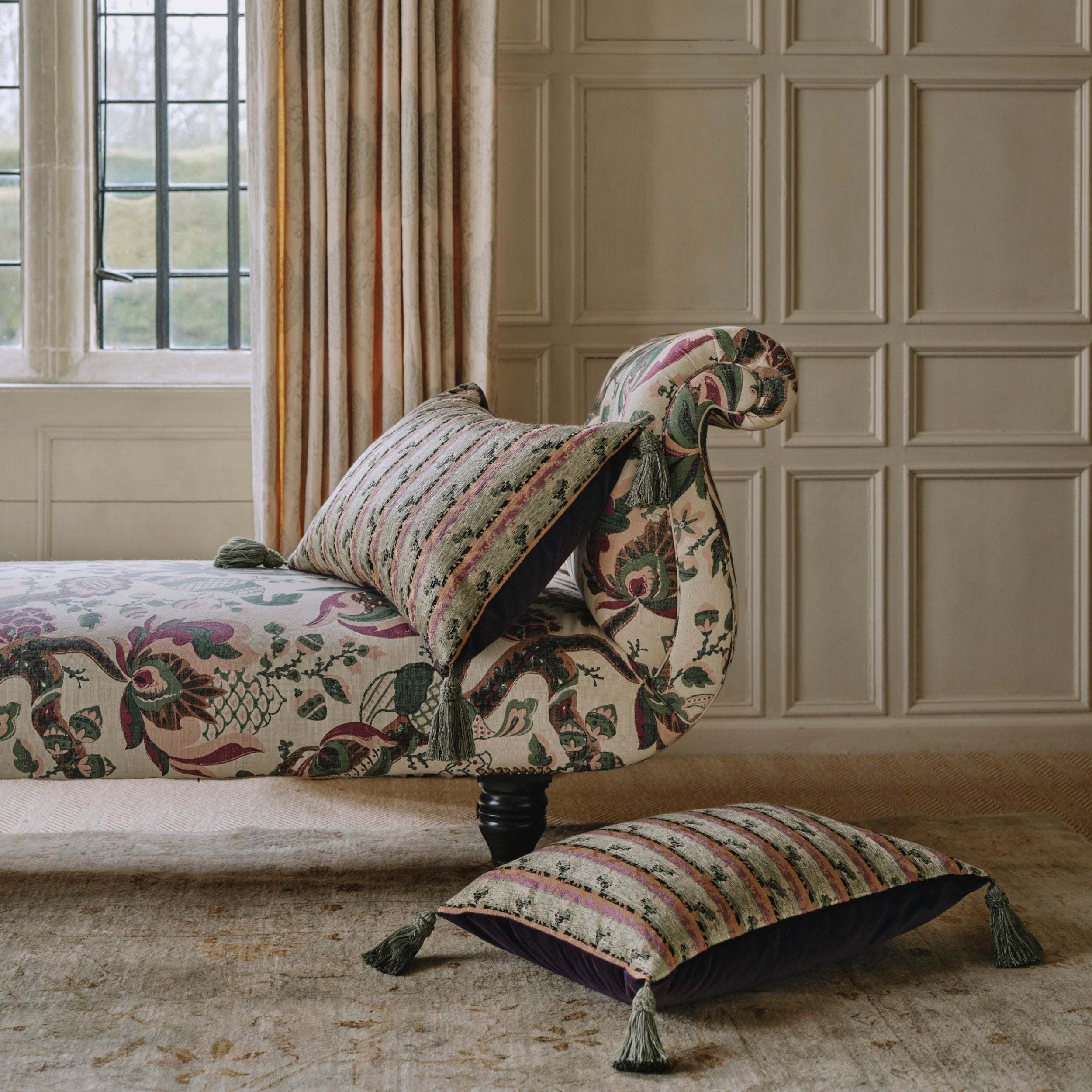 A Pair of Cushions made from a Panel of Silk and Cotton Brocade with Large Italian Silk Tassels