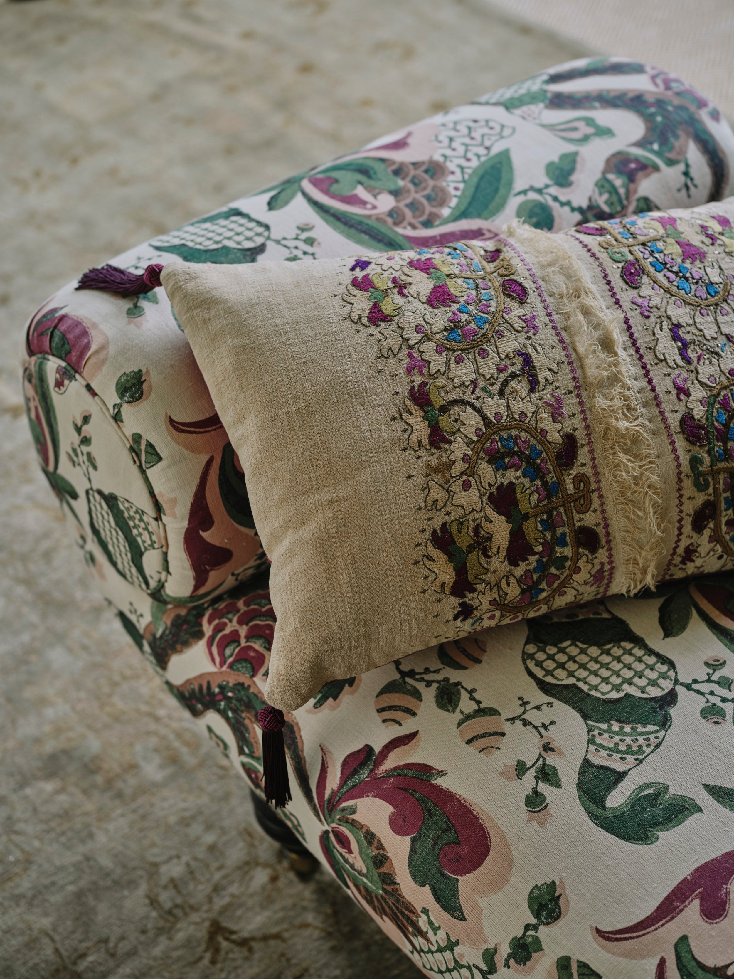 An Ottoman Embroidered Silk Thread Cushion with Silk Tassels