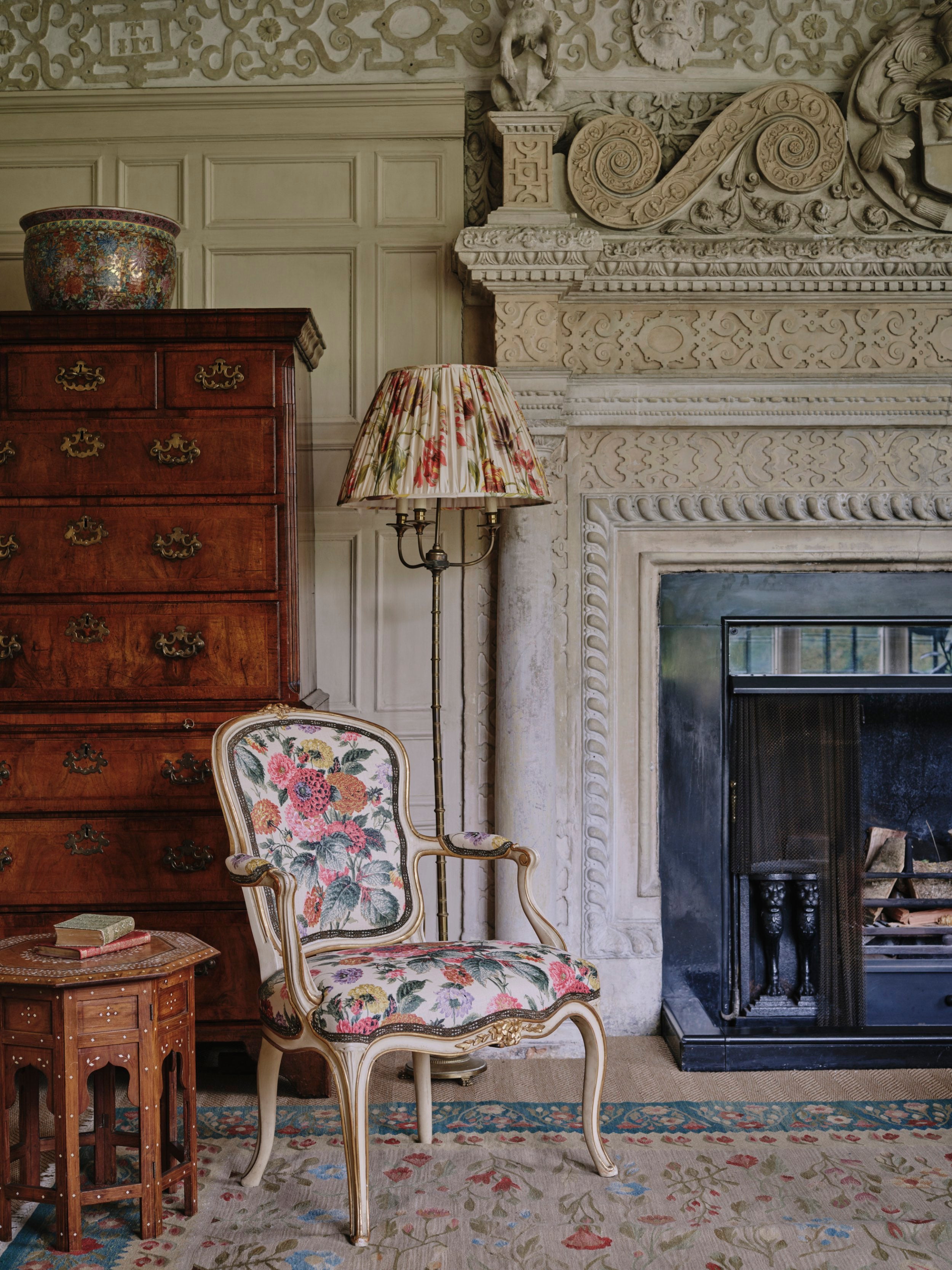 A Pair of Large Gathered Lampshades in Painterly Tulip Printed English Silk