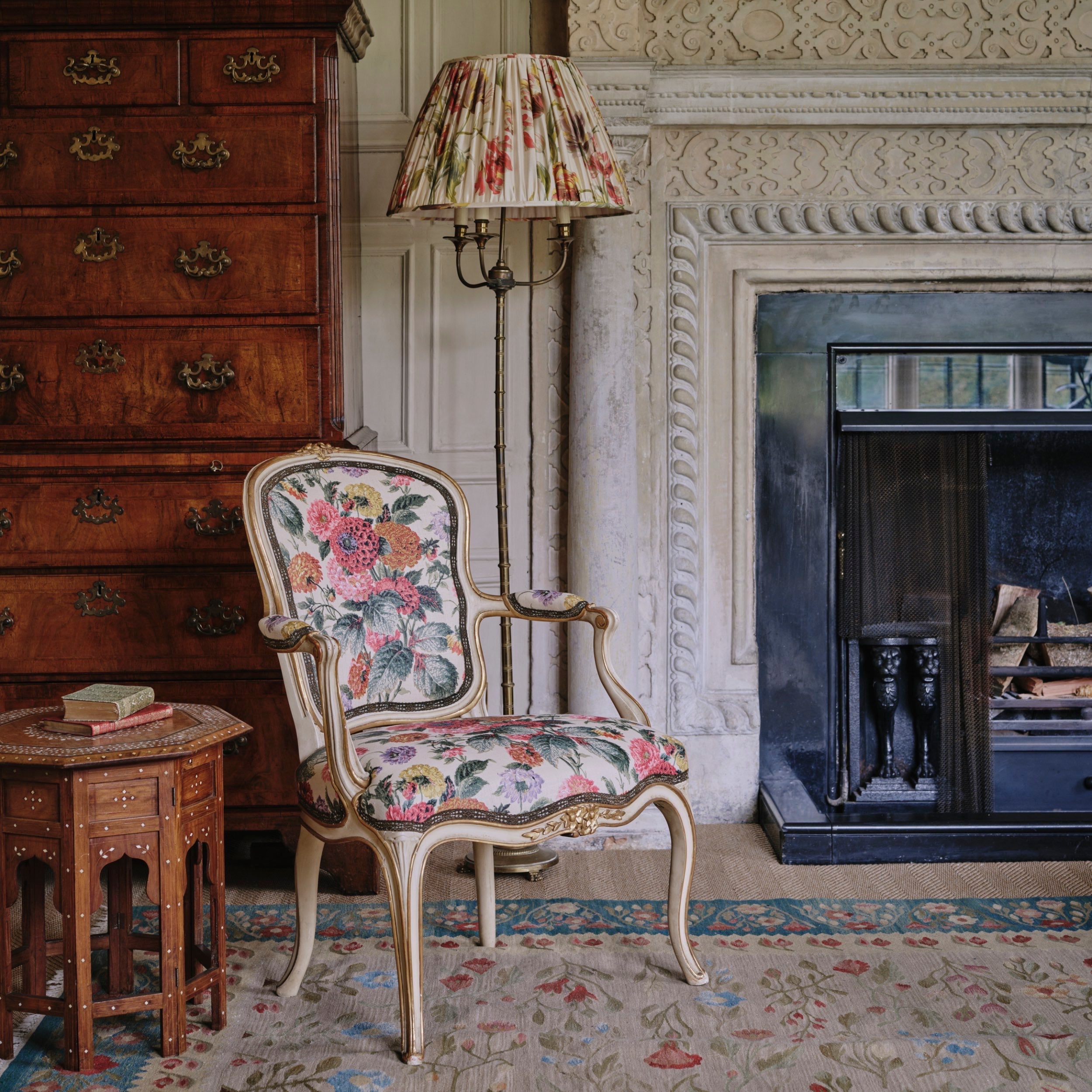 A 19th Century Parcel-Gilt Salon Chair in Flora Soames Dahlias with Antique Gold Decorated Braid