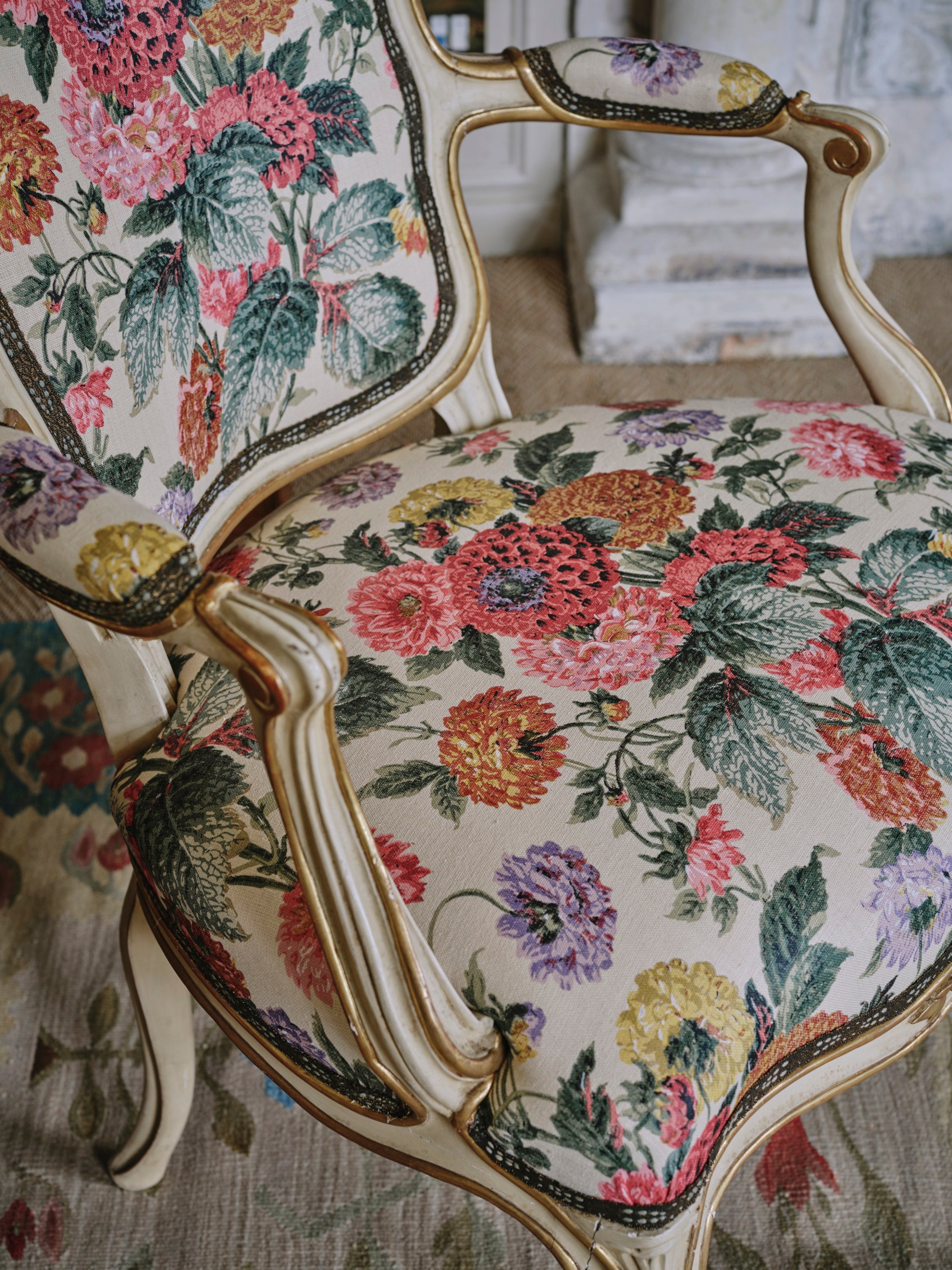 A 19th Century Parcel-Gilt Salon Chair in Flora Soames Dahlias with Antique Gold Decorated Braid