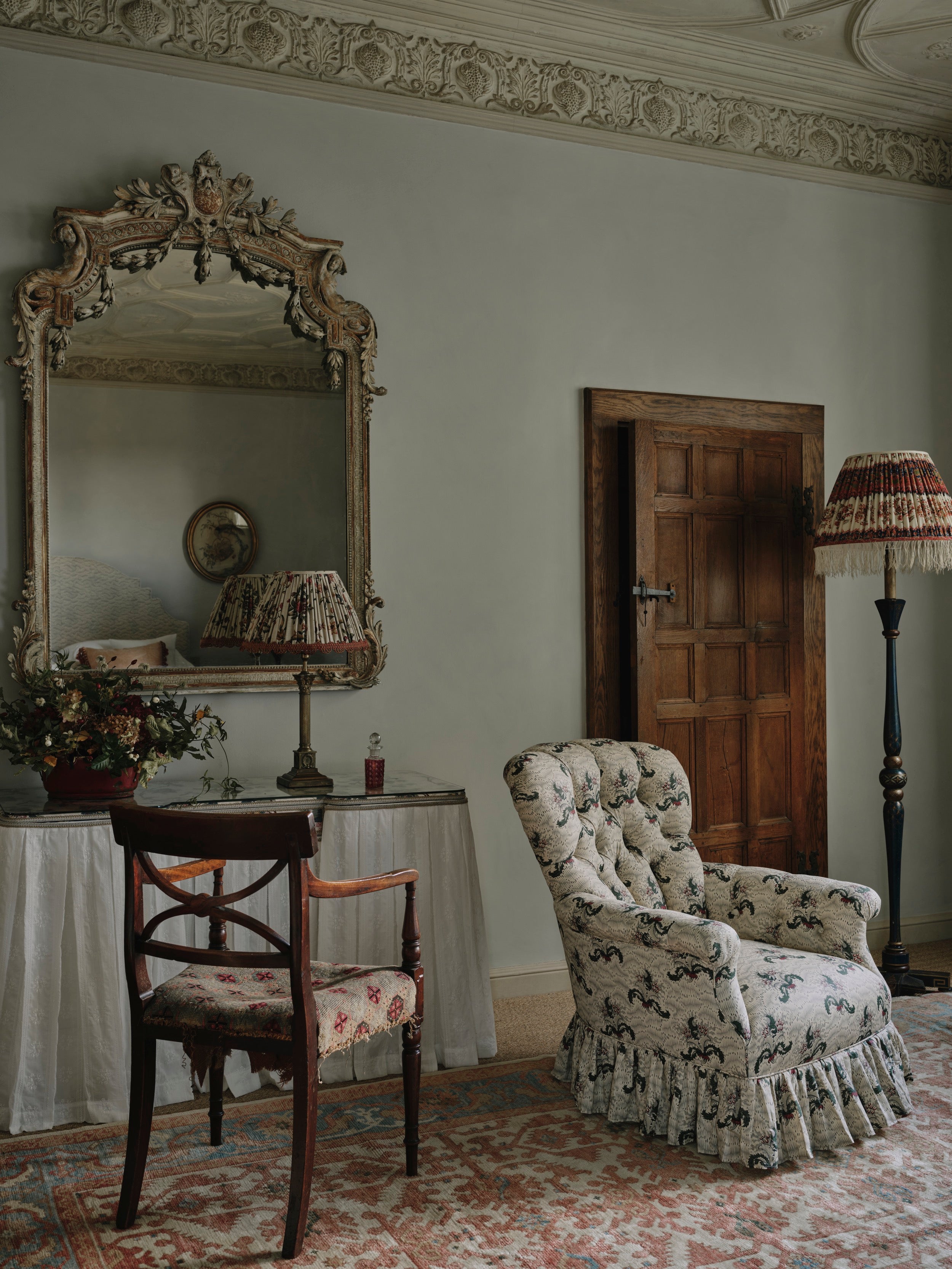 A Gathered Lampshade made from 1920s Floral Printed Linen with French Loop Braid