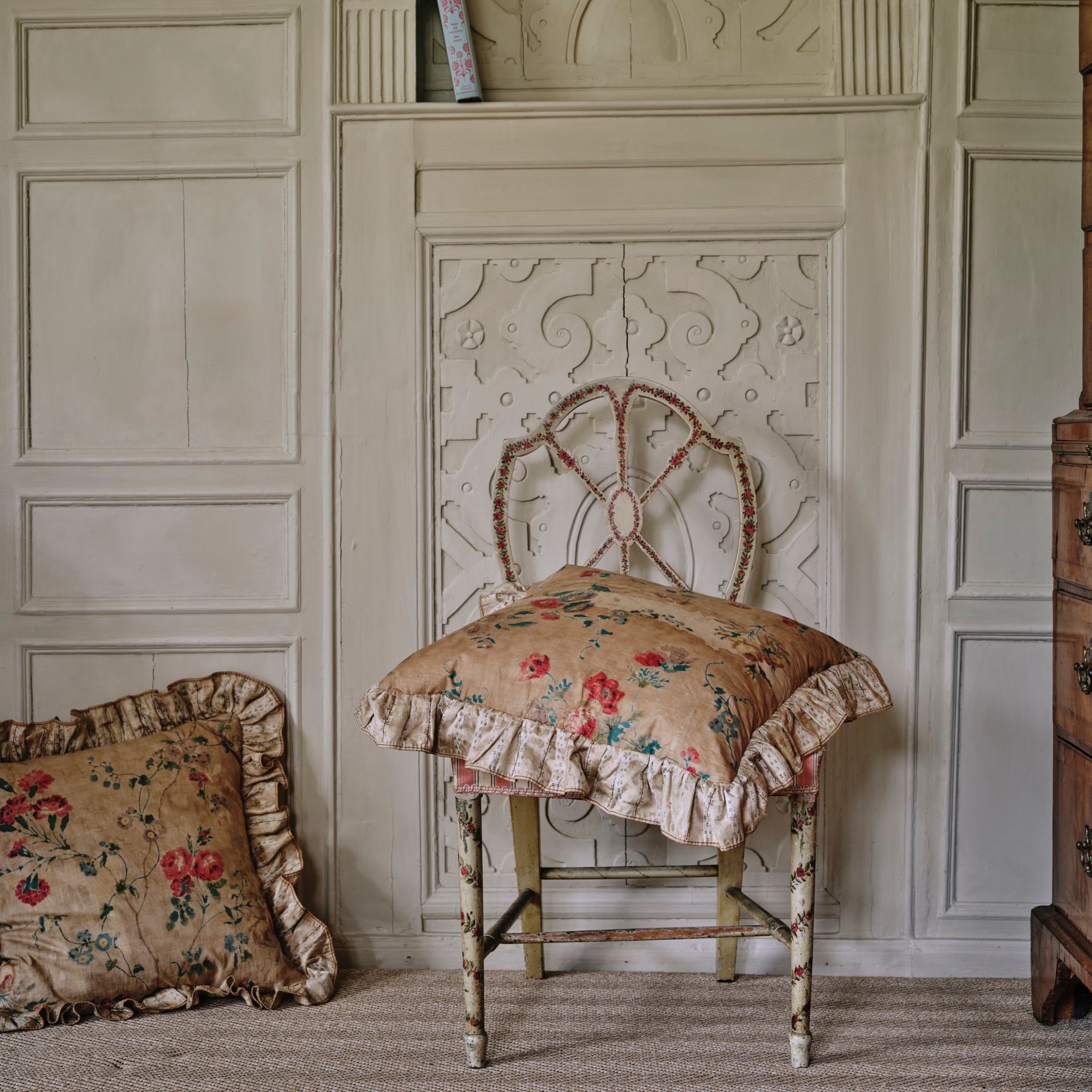 A Pair of Chintz Square Cushions with Antique Brocade Frill