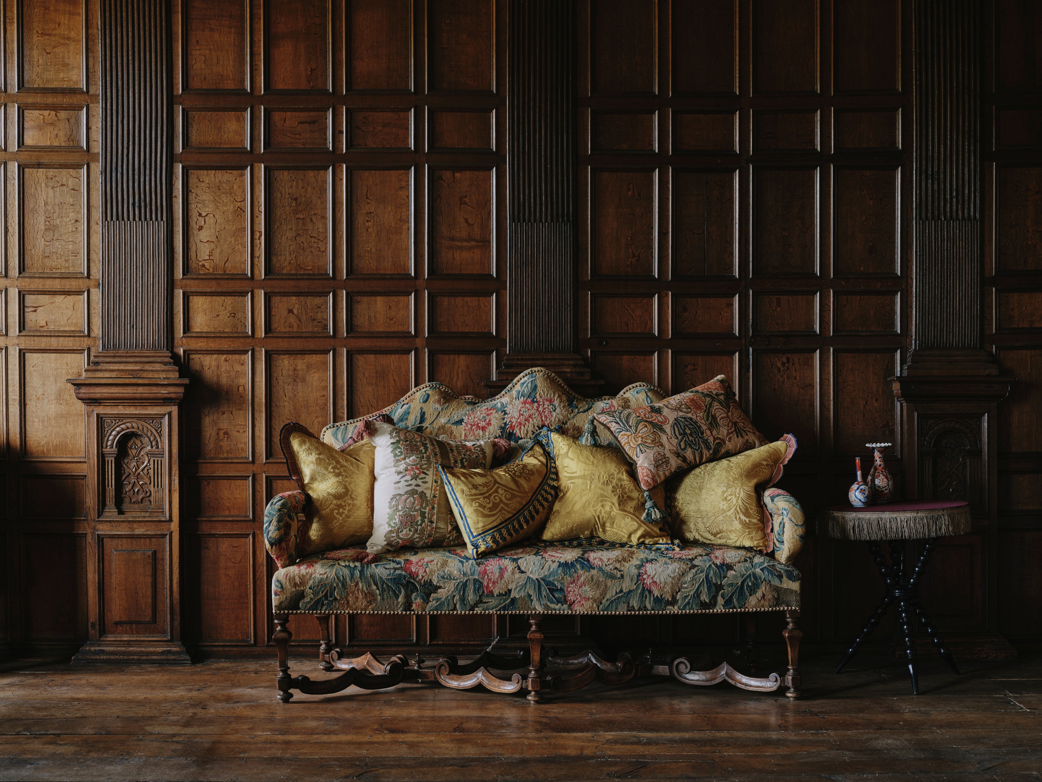 An Embroidered Ottoman Silk and Metallic Thread Cushion with Tassel Trims