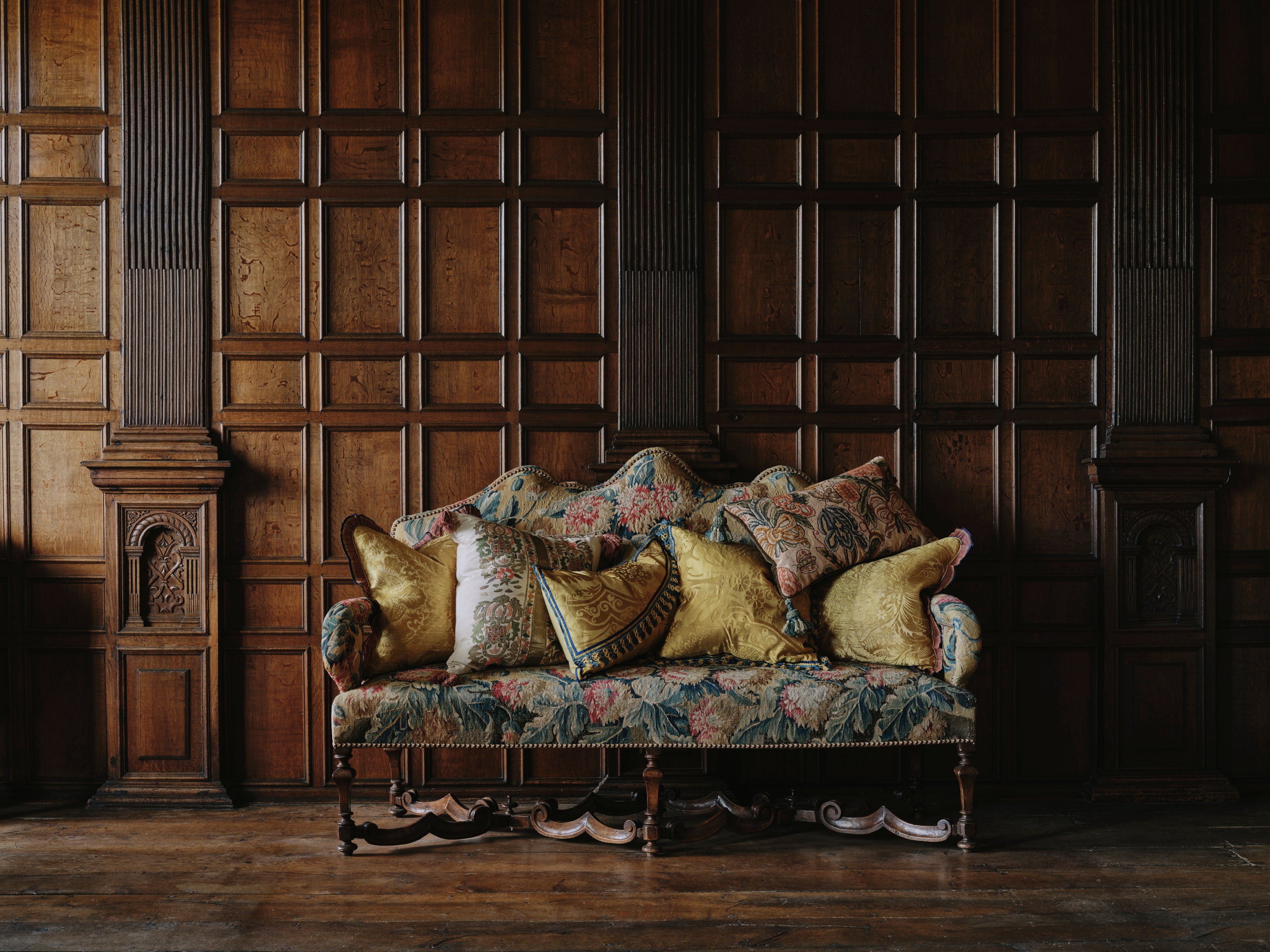 A Pair of Cushions made from 18th Century Gold Italian Silk Damask with an Antique French Grosgrain Ruffle Trim