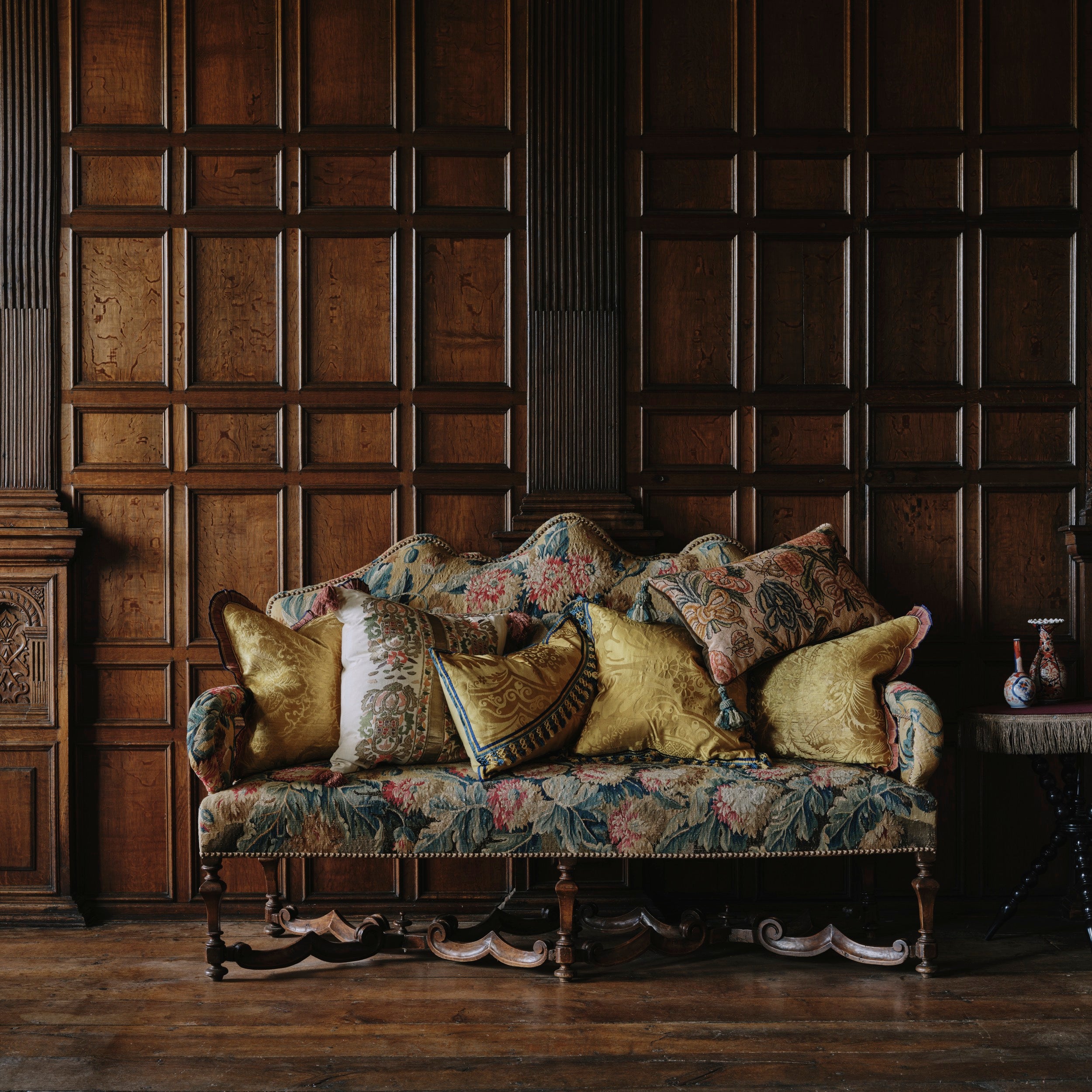 A Pair of Square Vivid Yellow Damask Cushions with Original Tassel Fringe and Binding