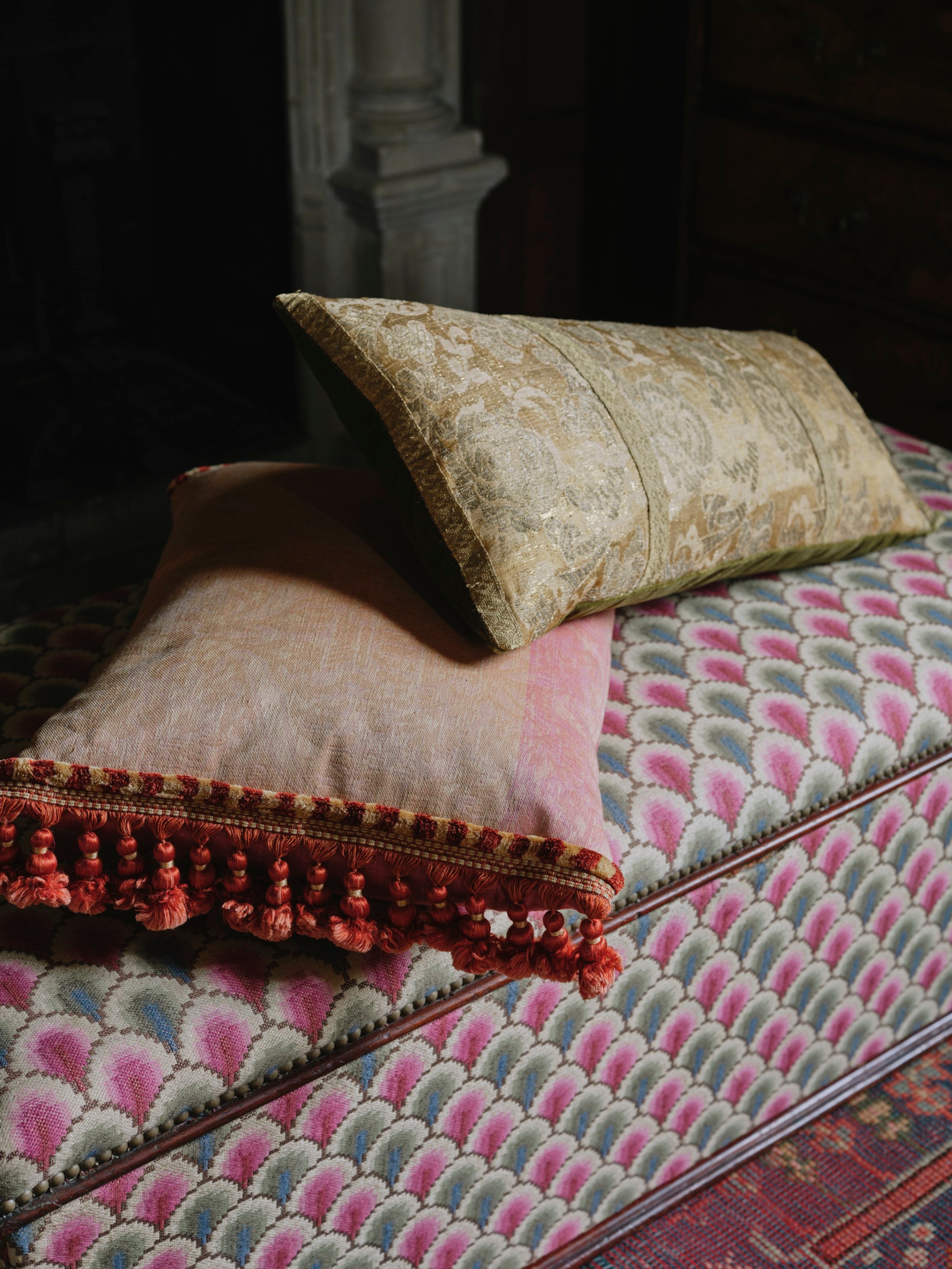 A Late 19th Century Mahogany Ottoman Upholstered in Flora Soames Walsingham Weave with Close Studding