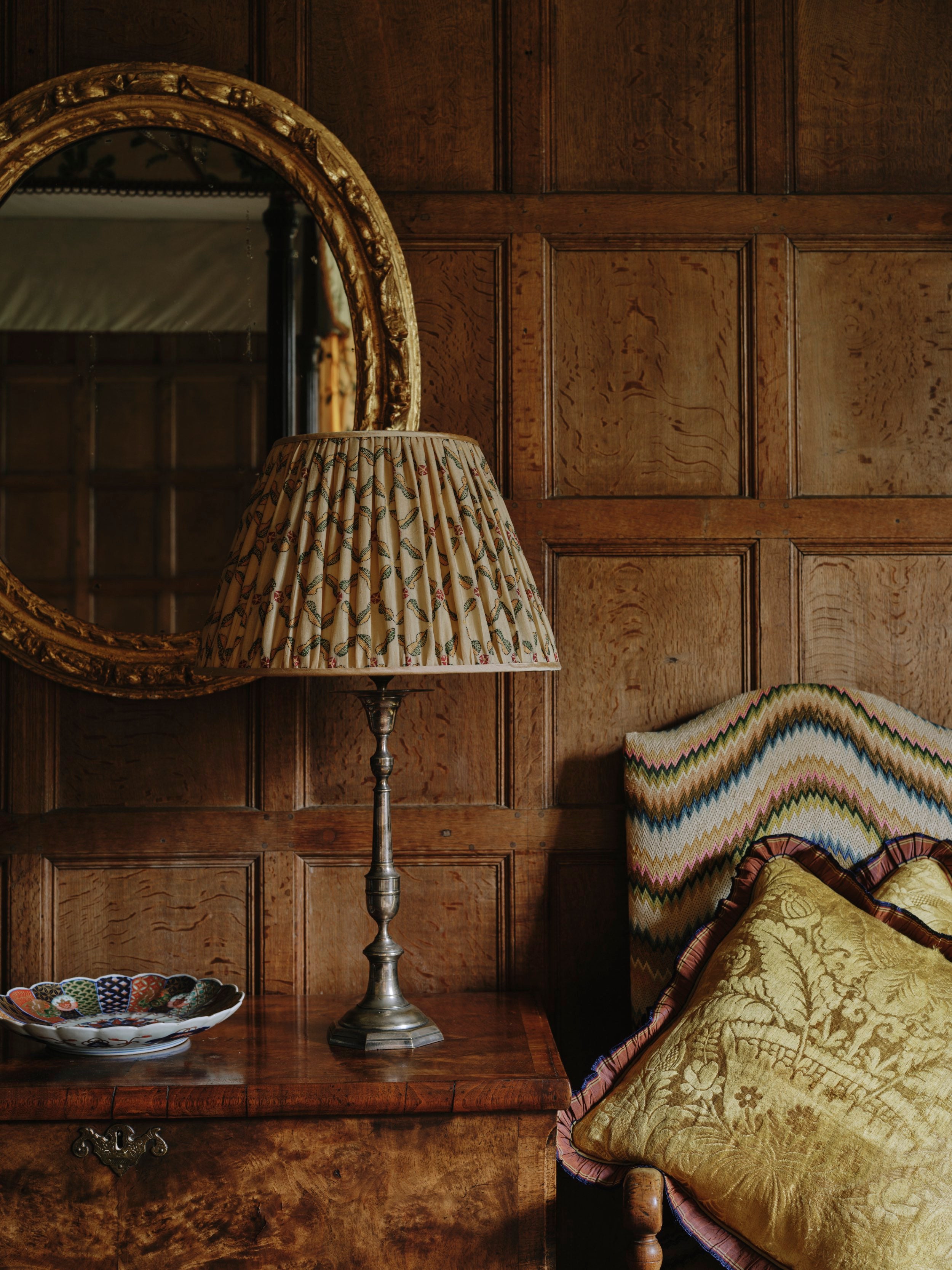 A Pair of Cushions made from 18th Century Gold Italian Silk Damask with an Antique French Grosgrain Ruffle Trim