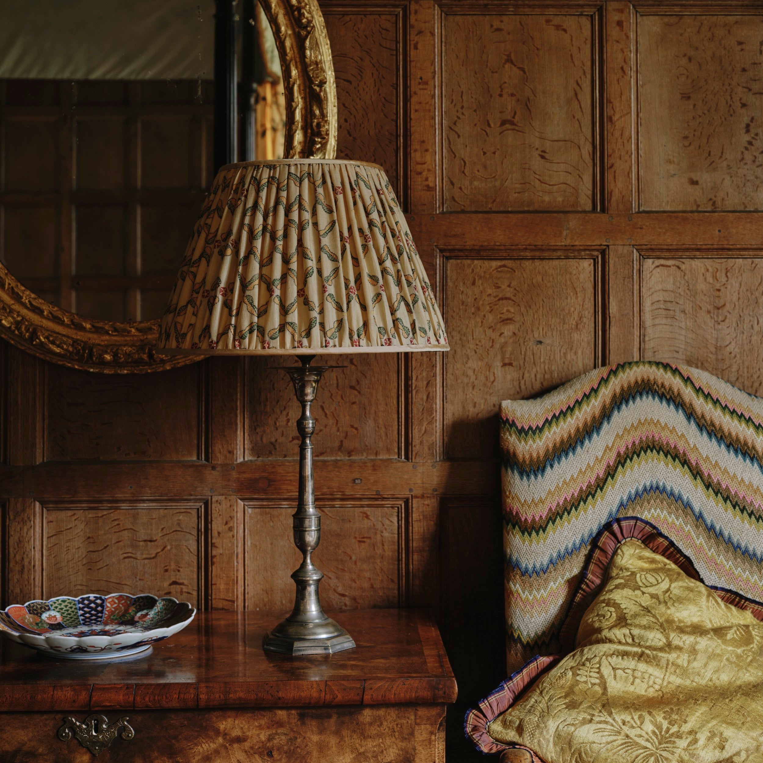 A Pair of Large Gathered Lampshades made from an Antique Indian Sari with a Contrast Gold Silk Trim