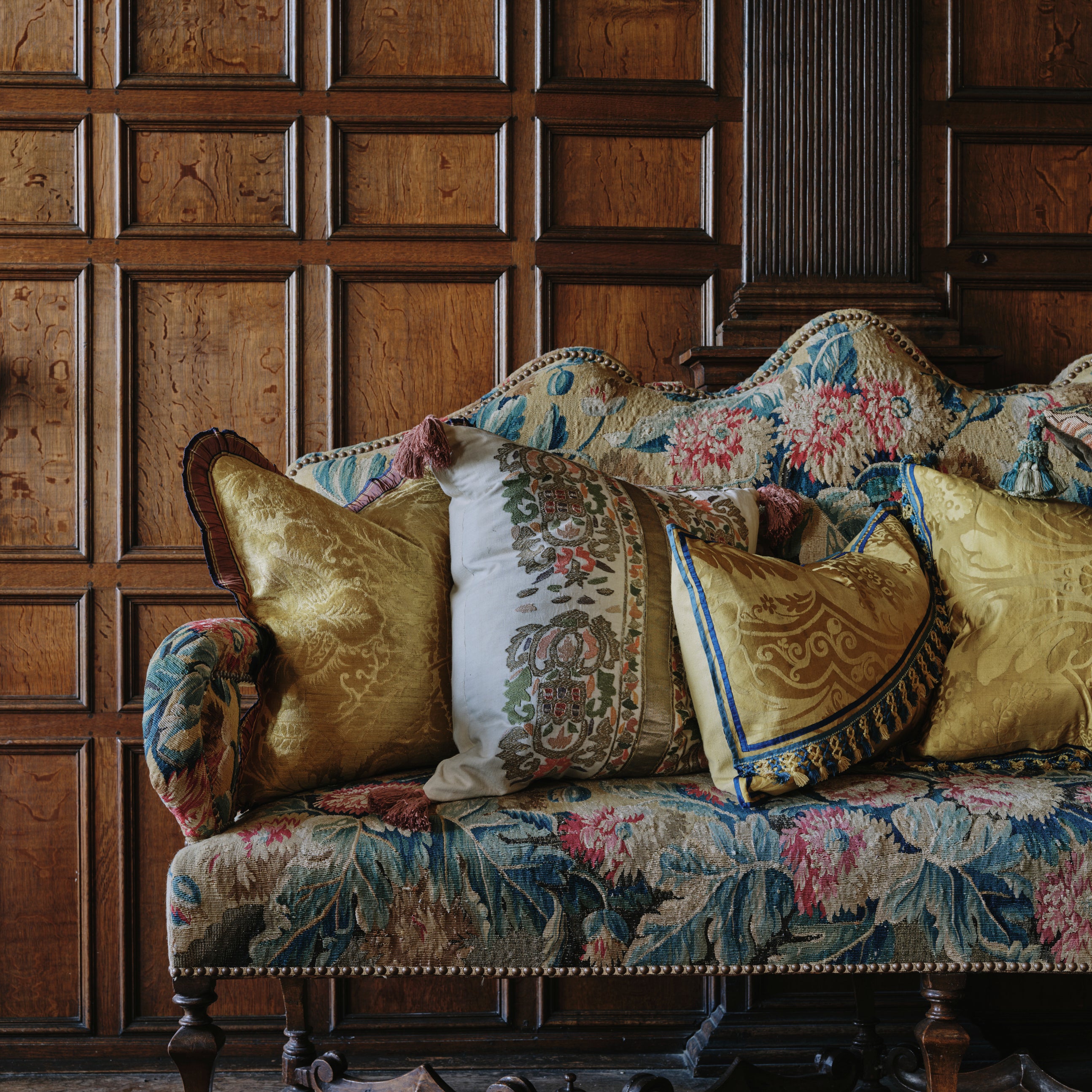 A Pair of Cushions made from Vivid 19th Century Silk Damask with Original Tassel Decoration