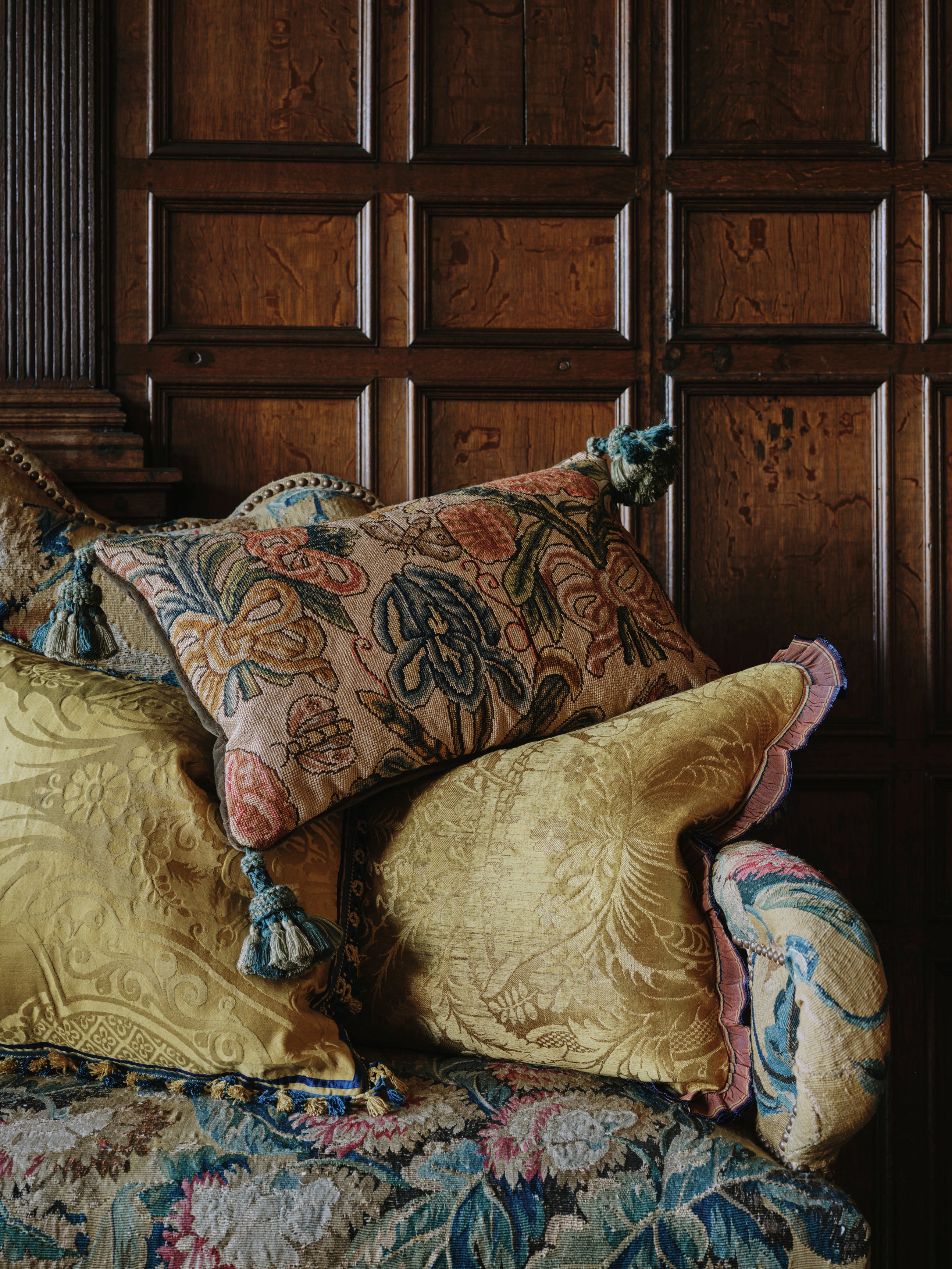 A Pair of Cushions made from 18th Century Gold Italian Silk Damask with an Antique French Grosgrain Ruffle Trim