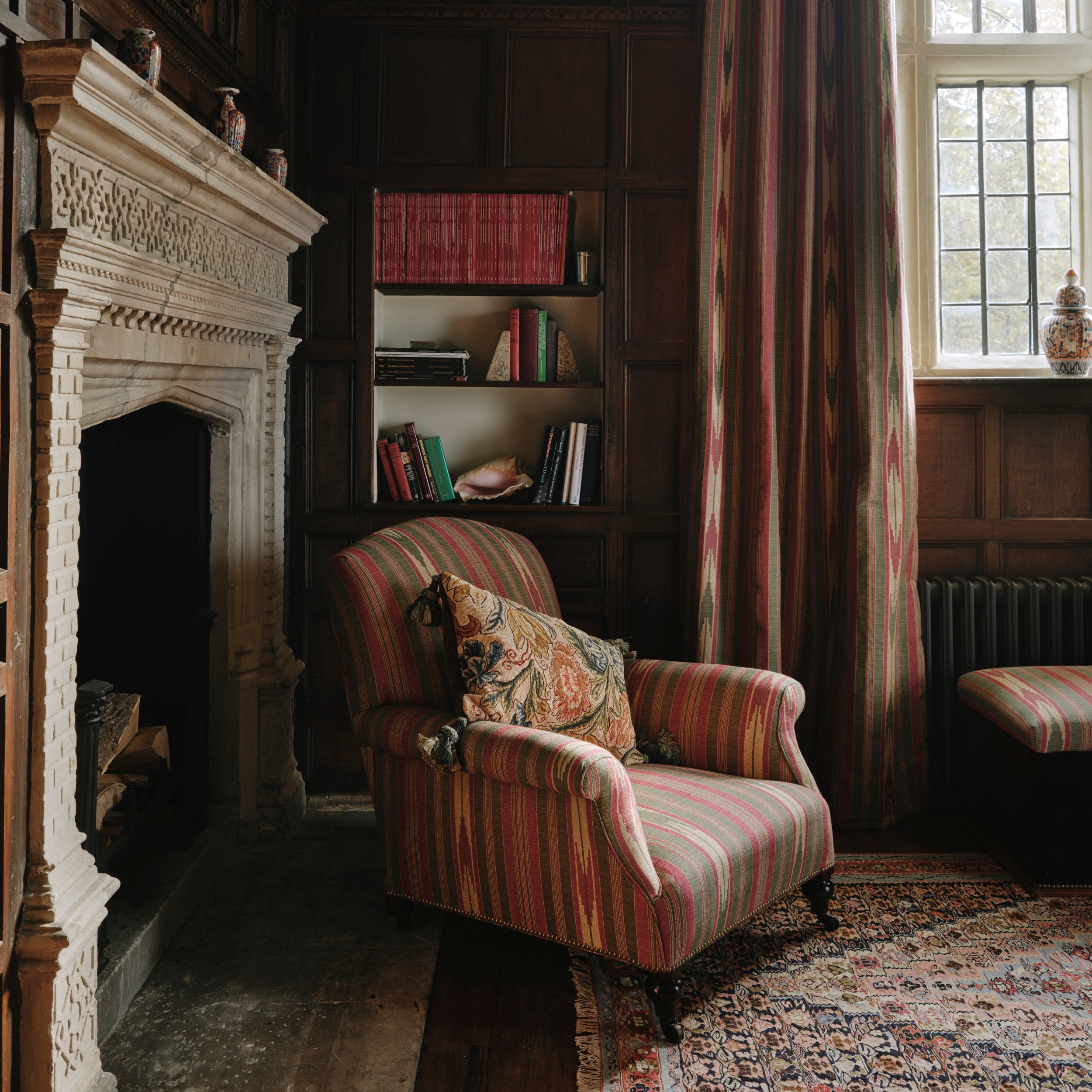 A Late 19th Century Low Armchair in Flora Soames Oulton Stripe