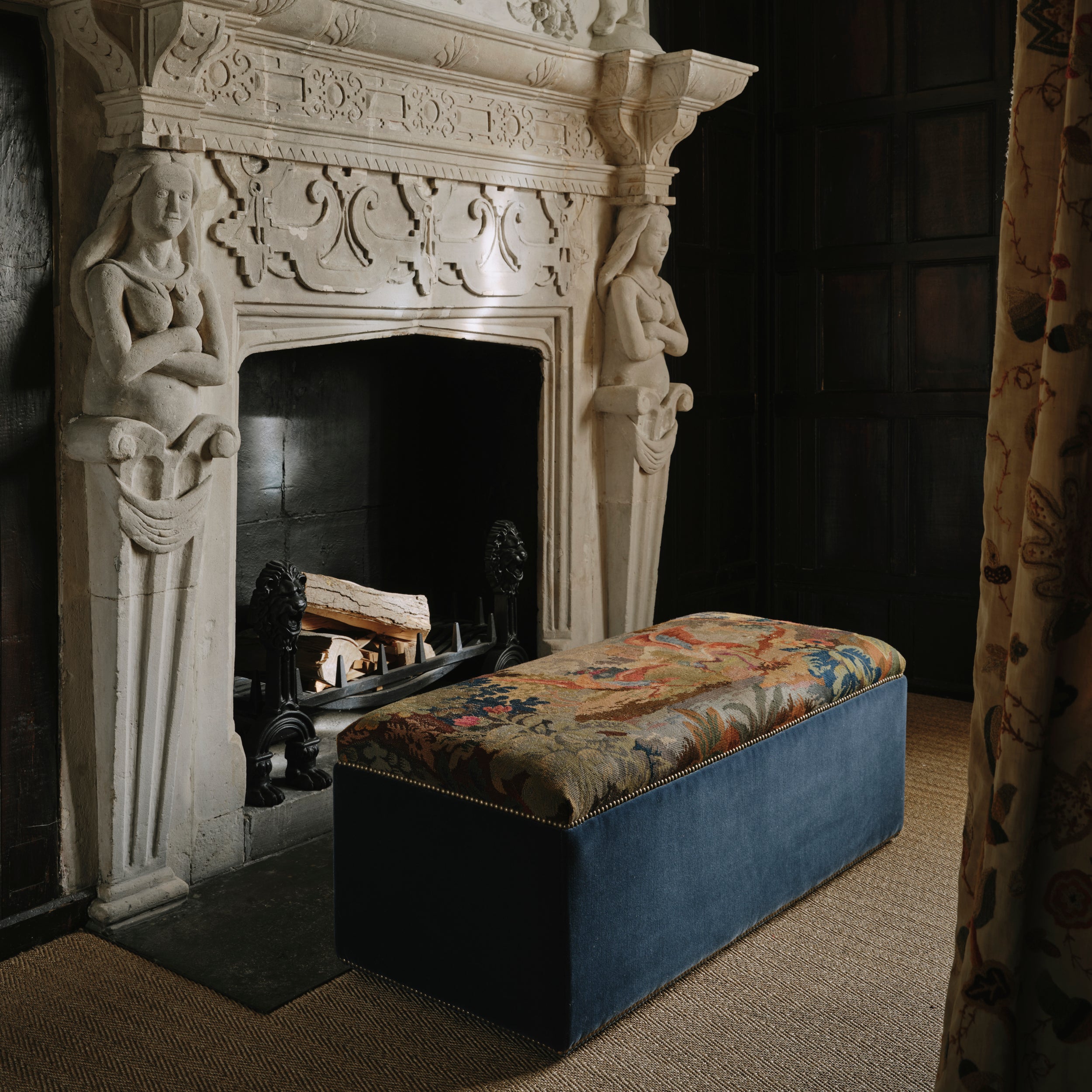A Bespoke Upholstered Ottoman with a 19th Century English Needlework Top